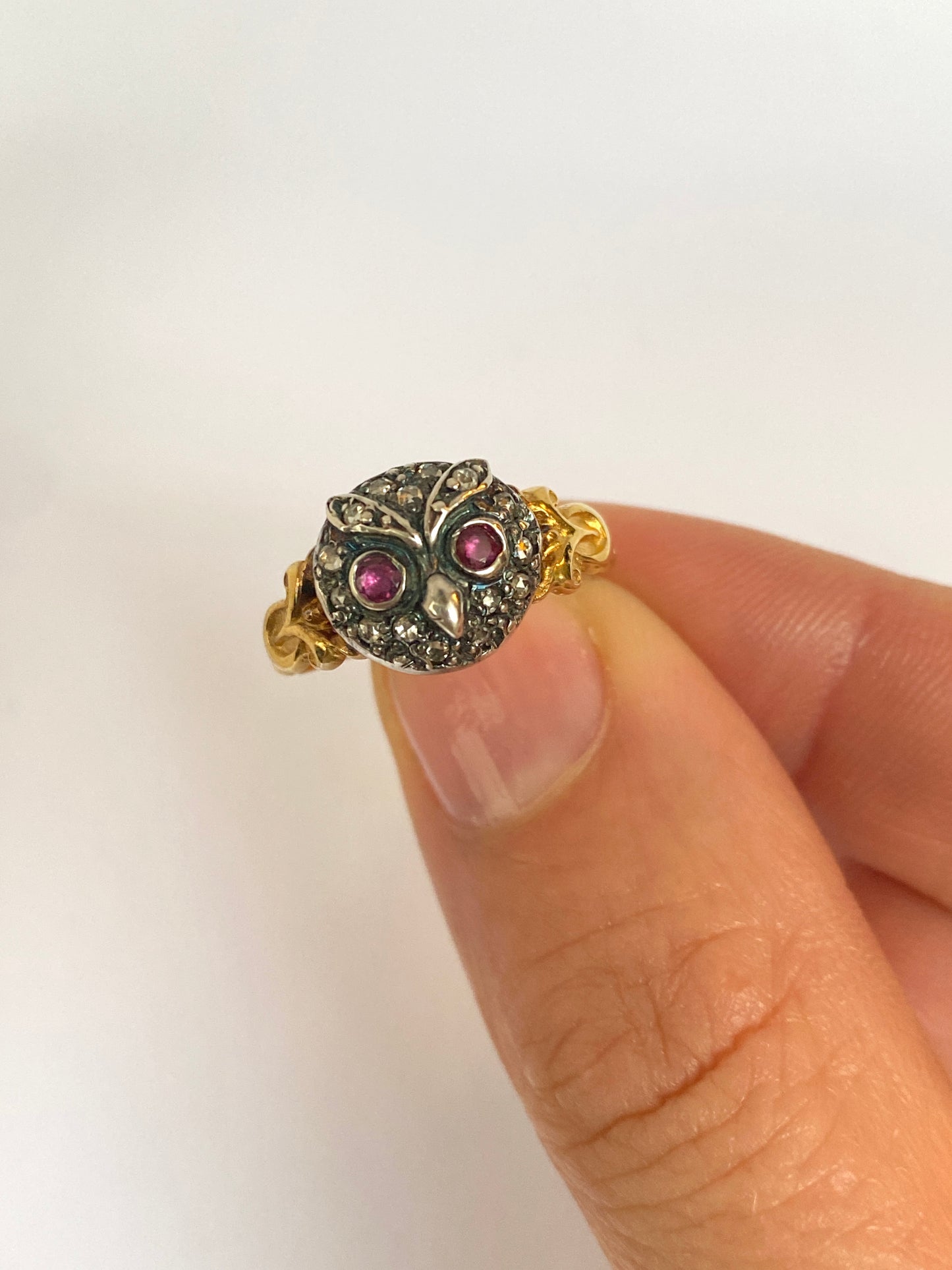 Vintage, 15ct Gold and Silver, Rose Cut Diamond and Ruby eyed Owl Ring