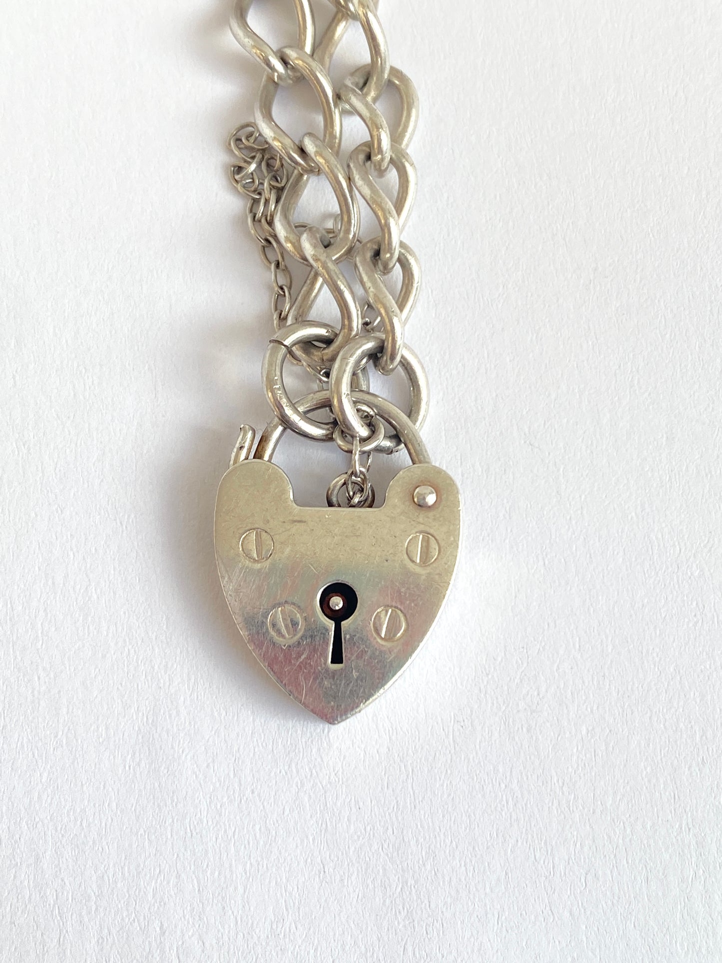Hallmarked, Vintage Solid Silver Curb Link Bracelet with Heart Padlock, 1975