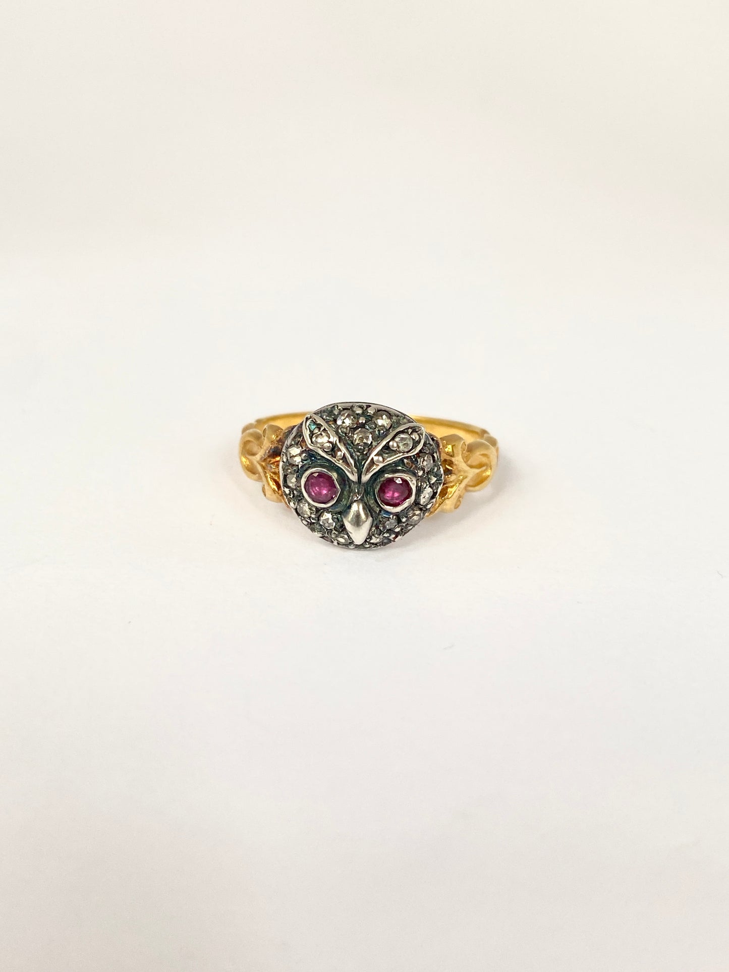 Vintage, 15ct Gold and Silver, Rose Cut Diamond and Ruby eyed Owl Ring