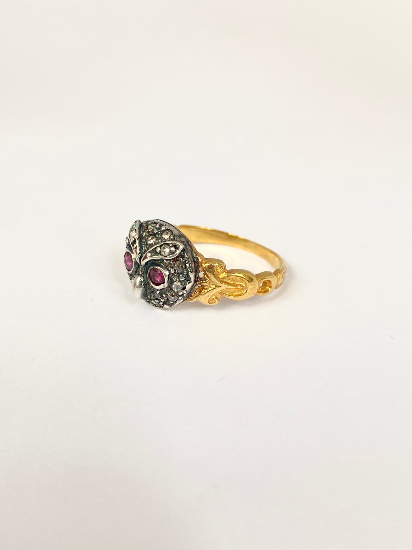 Vintage, 15ct Gold and Silver, Rose Cut Diamond and Ruby eyed Owl Ring