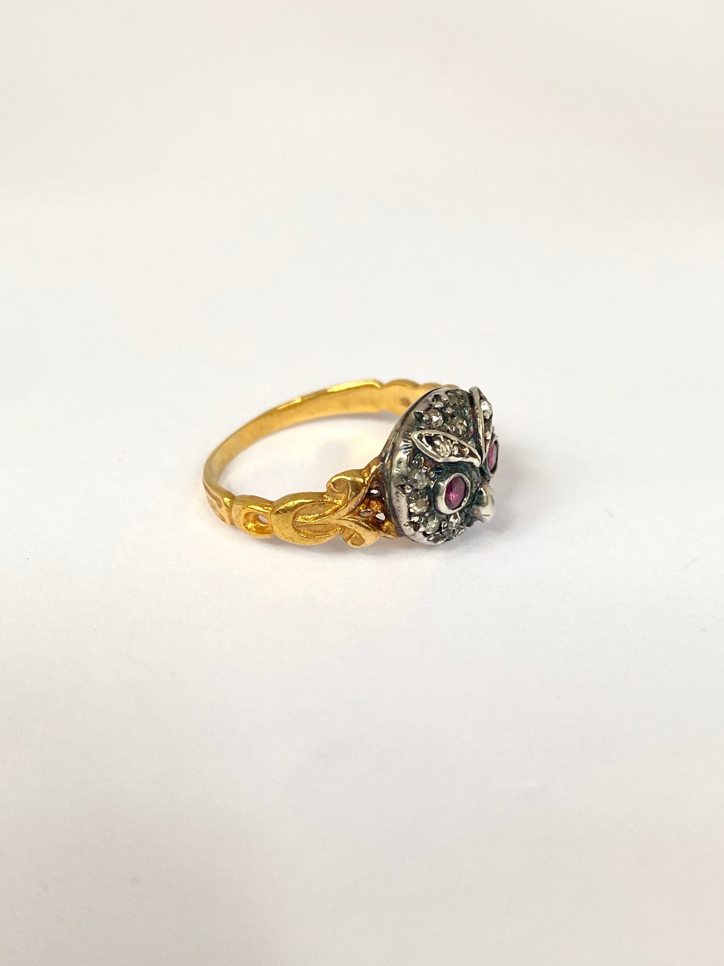 Vintage, 15ct Gold and Silver, Rose Cut Diamond and Ruby eyed Owl Ring