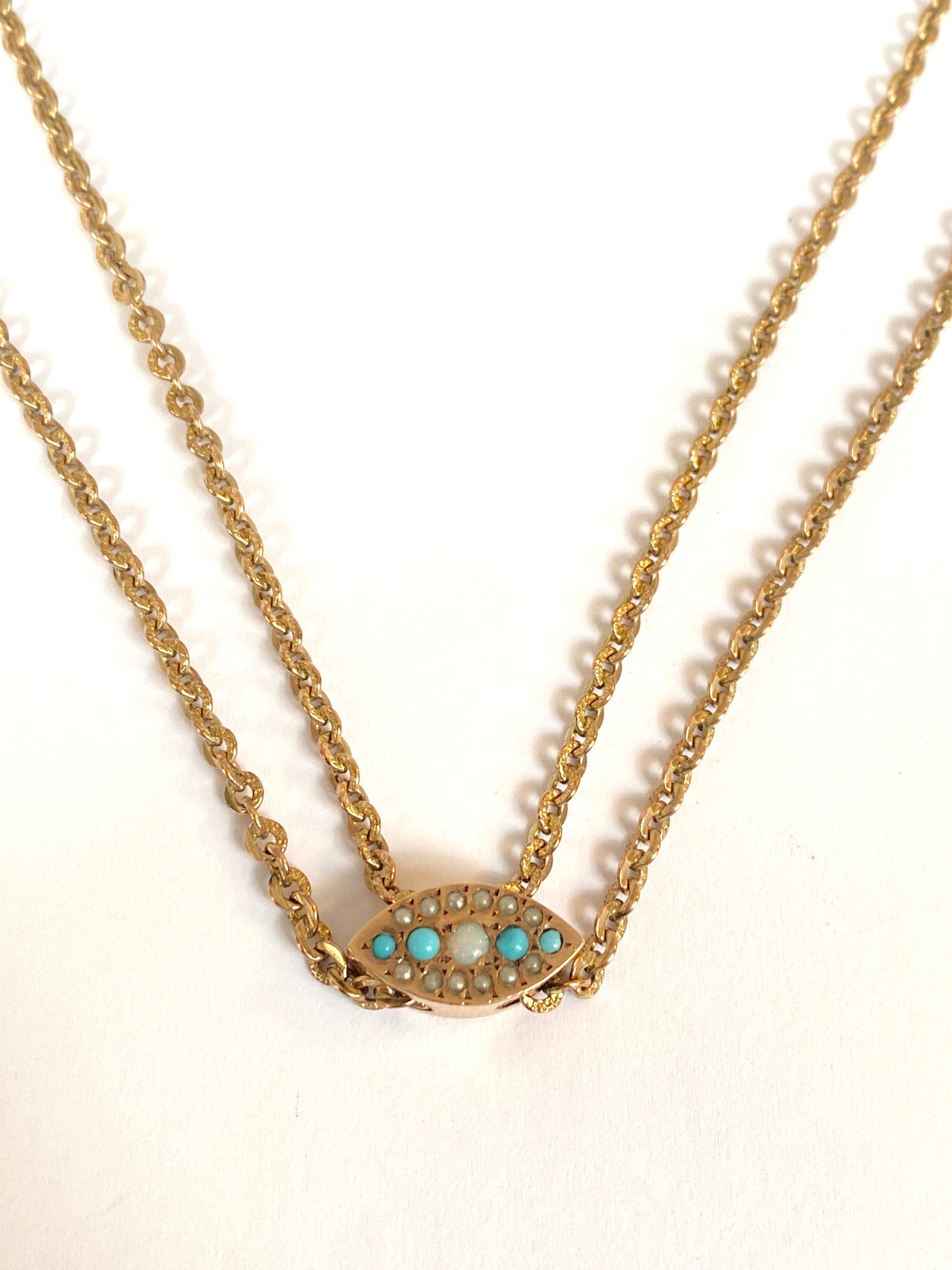 Antique, Unique 9ct Gold Fancy Link Longuard Chain, 16.57g with Opal, Turquoise and Pearl Slider. 25 inches with Dog Clip