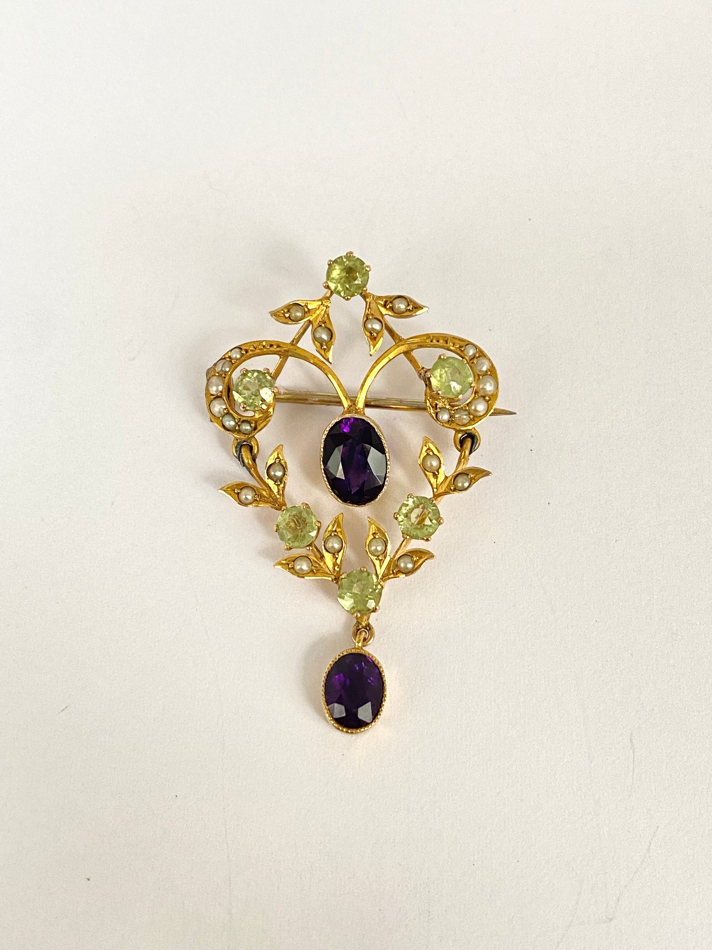 9ct Gold, Antique, Edwardian, Amethyst, Peridot and Diamond Brooch (Suffragette colours)