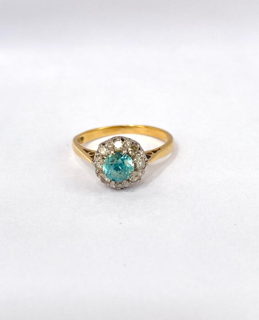 18ct Gold, Art Deco (1940s) Blue Zircon and Diamond Cluster Ring