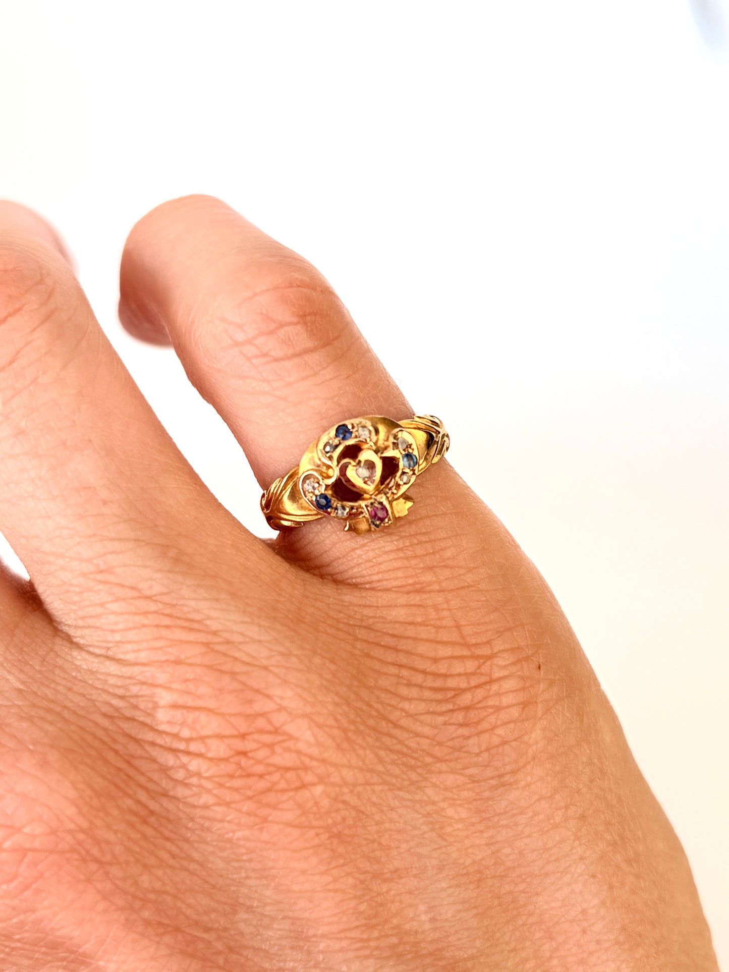 Antique, 18ct Gold Diamond, Ruby, Sapphire Ring, Hallmarked, 18ct Gold Birmingham 1903