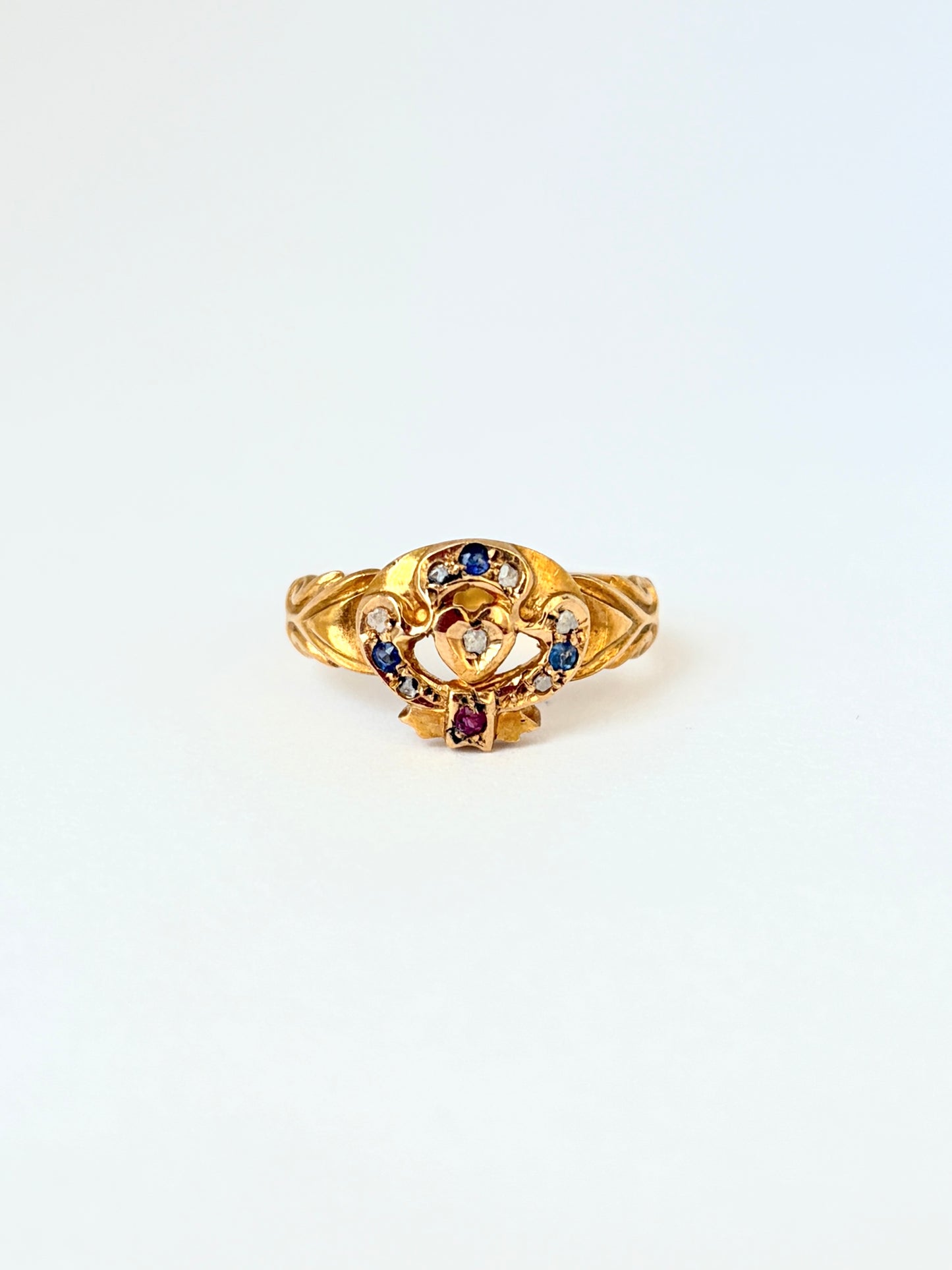Antique, 18ct Gold Diamond, Ruby, Sapphire Ring, Hallmarked, 18ct Gold Birmingham 1903