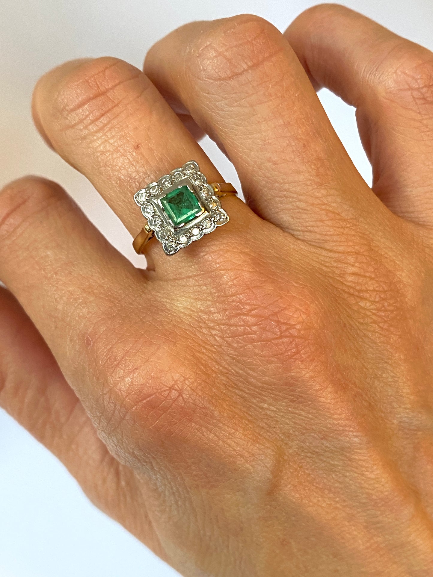 Vintage, Art Deco (1930s), 18ct Gold, Platinum, Emerald and Diamond Square Ring.
