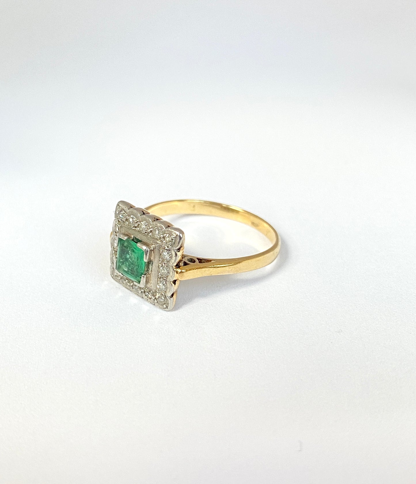 Vintage, Art Deco (1930s), 18ct Gold, Platinum, Emerald and Diamond Square Ring.