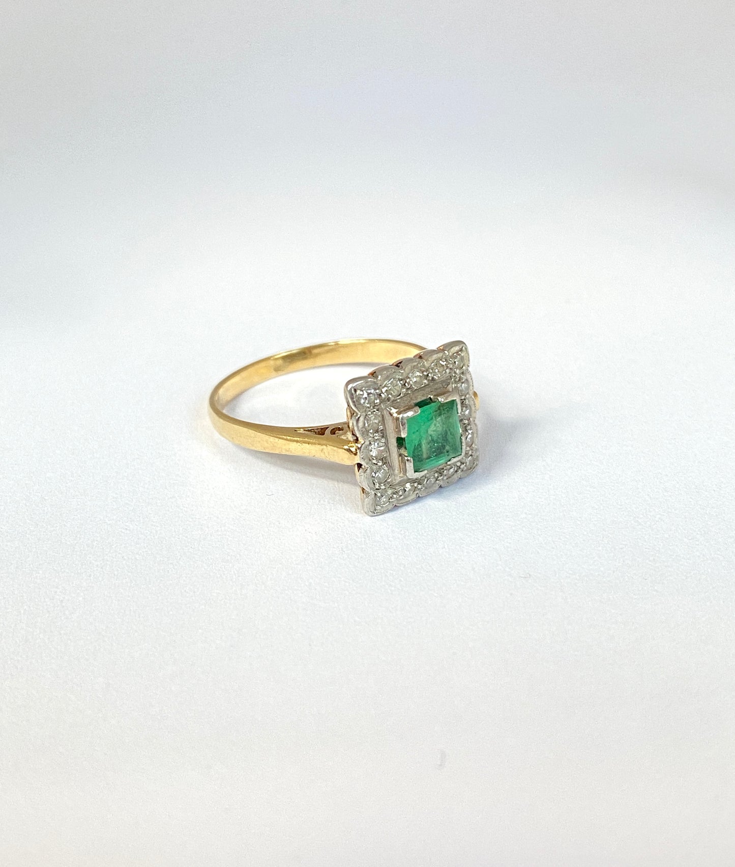 Vintage, Art Deco (1930s), 18ct Gold, Platinum, Emerald and Diamond Square Ring.