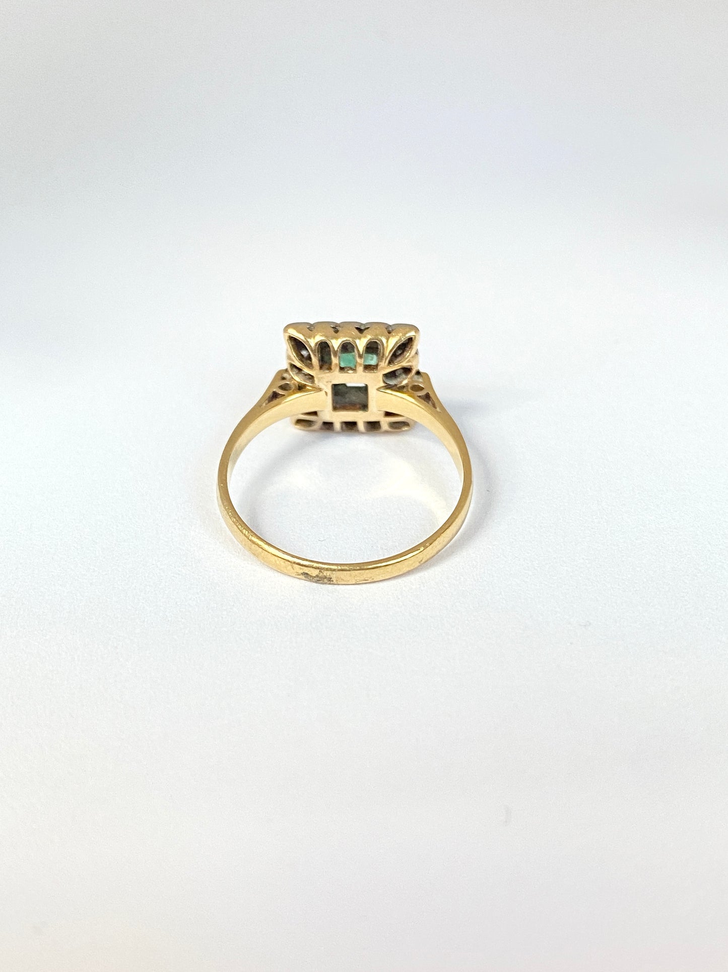Vintage, Art Deco (1930s), 18ct Gold, Platinum, Emerald and Diamond Square Ring.