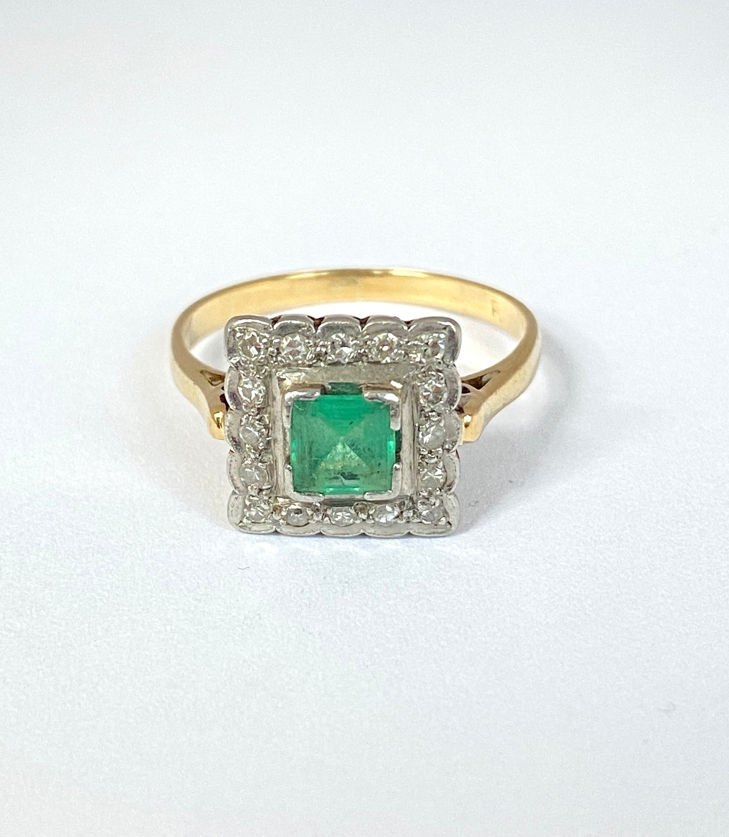 Vintage, Art Deco (1930s), 18ct Gold, Platinum, Emerald and Diamond Square Ring.