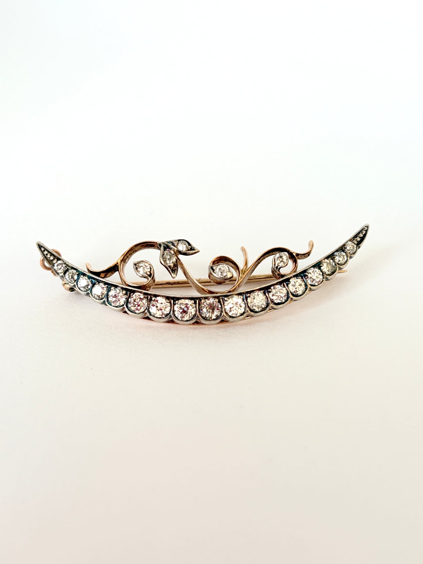 RESERVED Victorian 15ct Gold Diamond Crescent Brooch with Floral detail