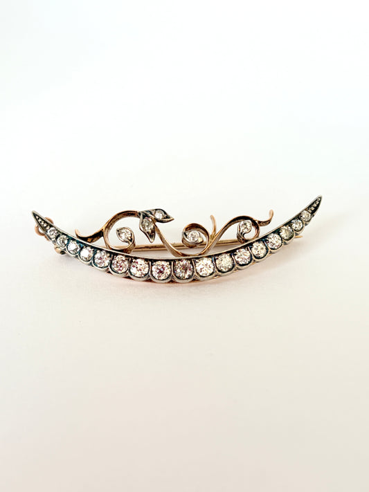 RESERVED Victorian 15ct Gold Diamond Crescent Brooch with Floral detail