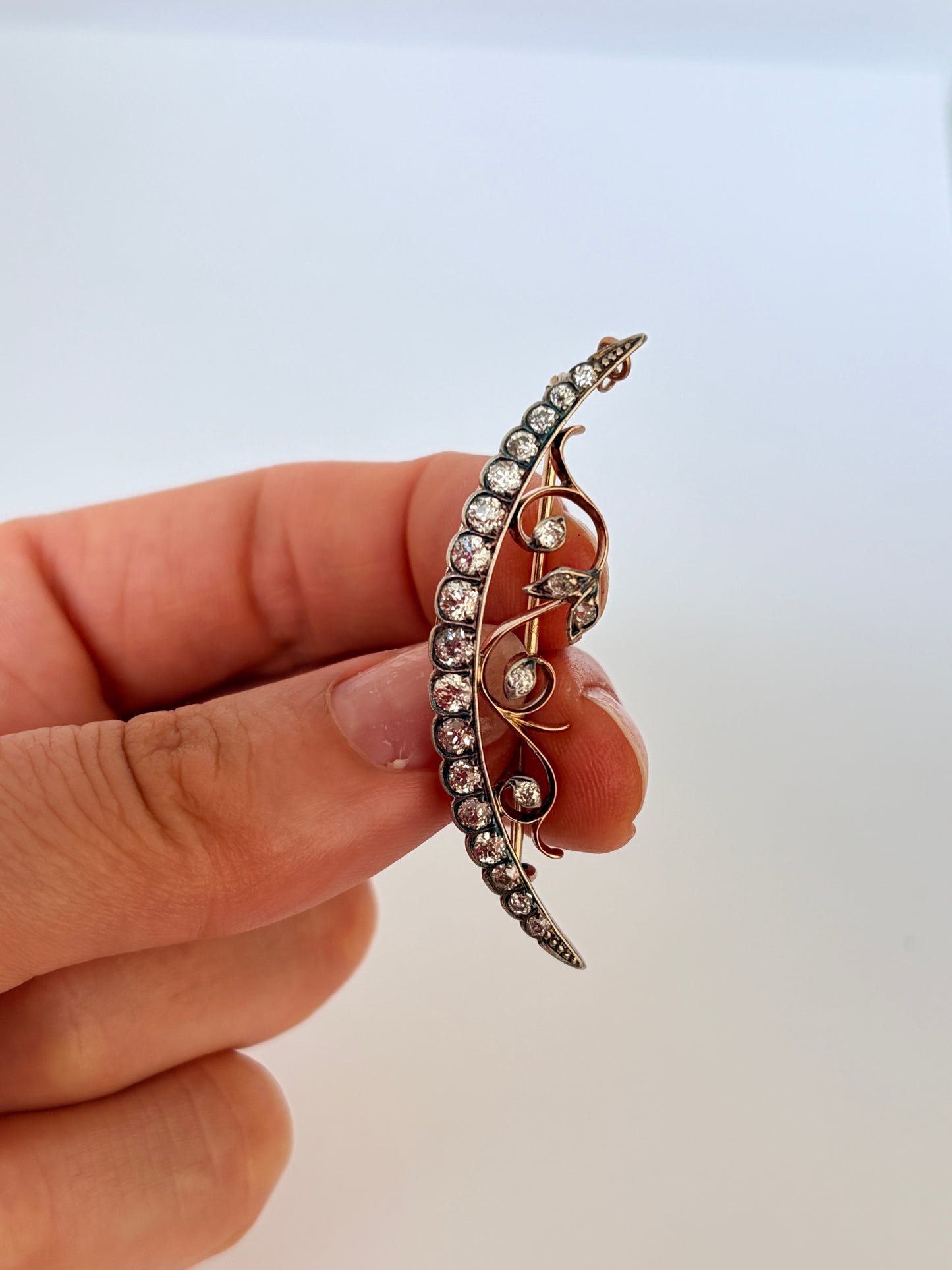RESERVED Victorian 15ct Gold Diamond Crescent Brooch with Floral detail