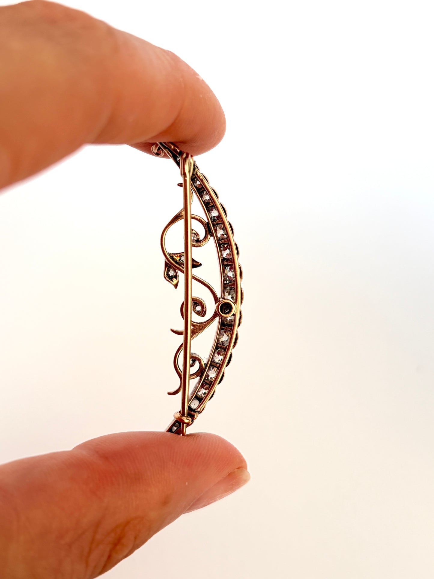 RESERVED Victorian 15ct Gold Diamond Crescent Brooch with Floral detail