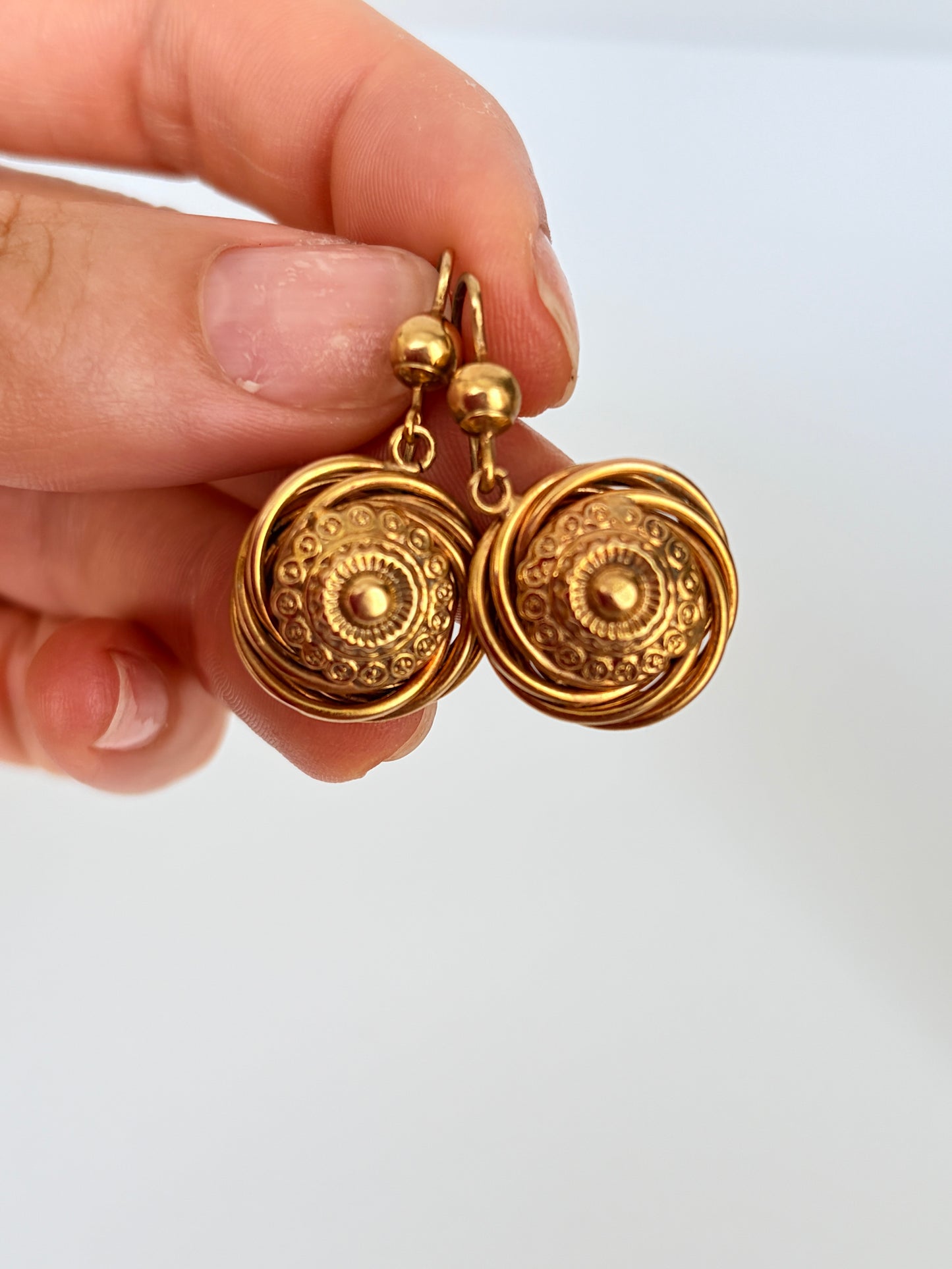 9ct Gold, Vintage Spiral Engraved Earrings, Etruscan Revival Style