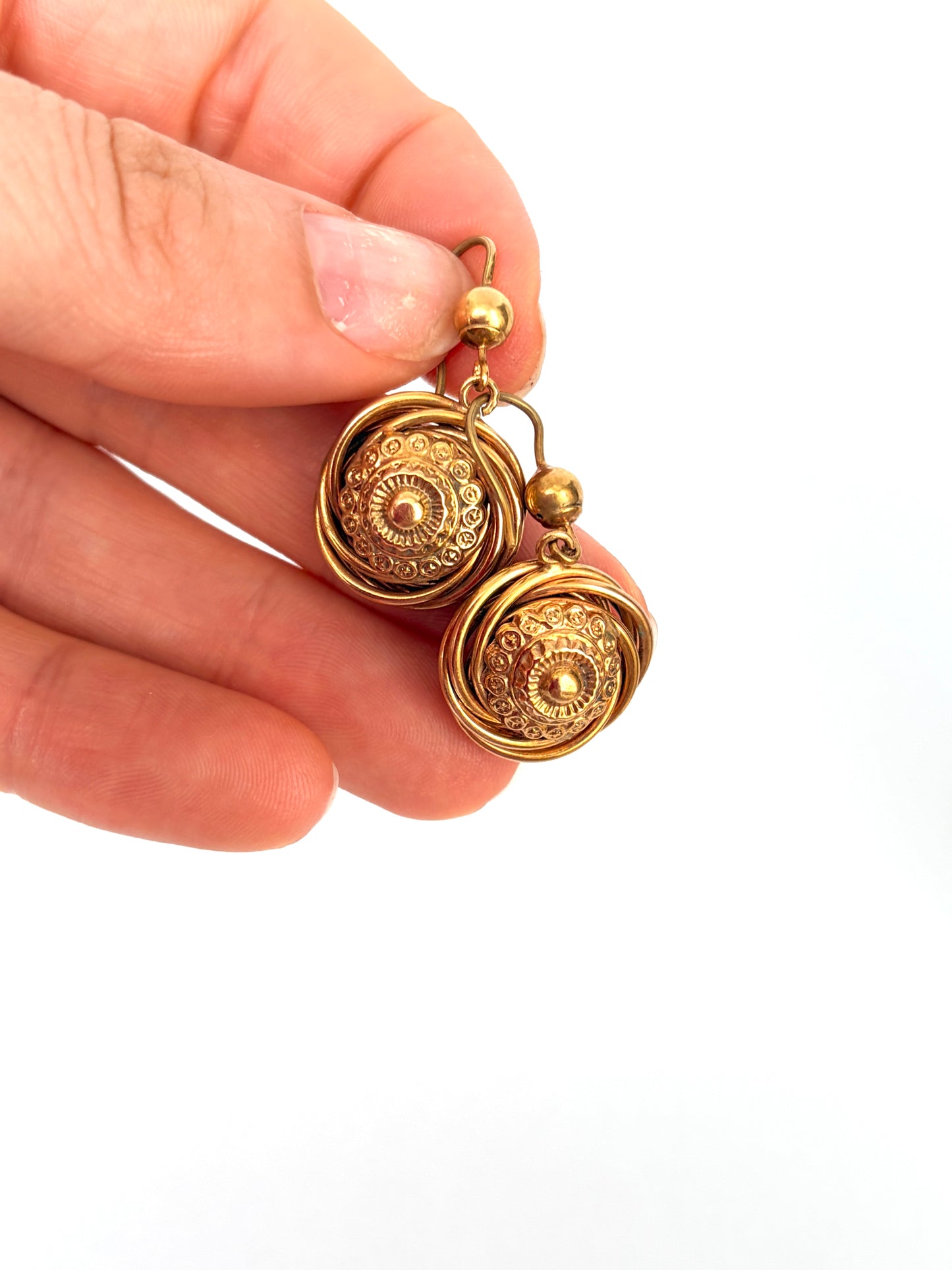 9ct Gold, Vintage Spiral Engraved Earrings, Etruscan Revival Style