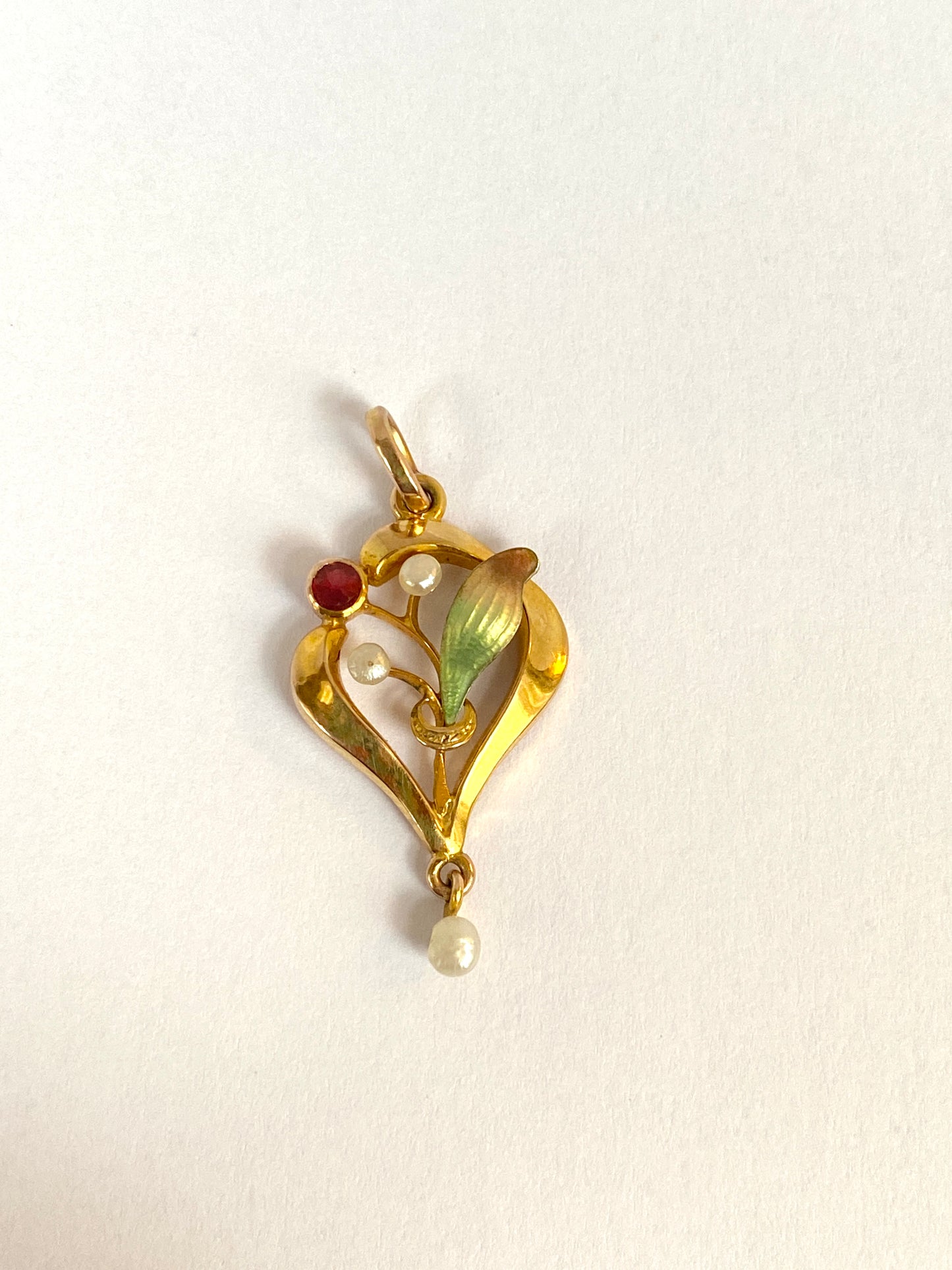 Art Nouveau, 9ct Gold Ruby, Pearl and Enamel Flower Pendant