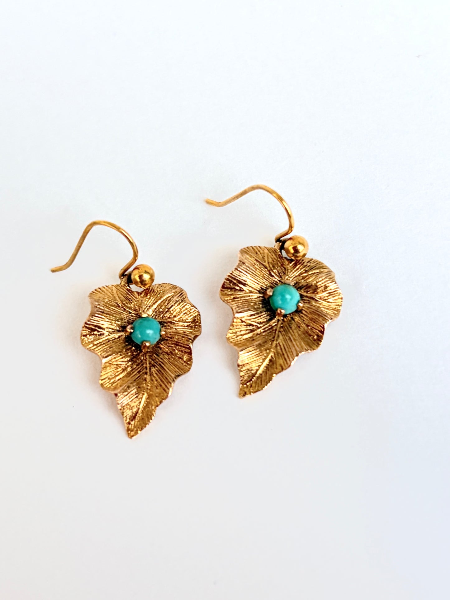 9ct Gold, Antique Victorian Turquoise Leaf Hanging Earrings