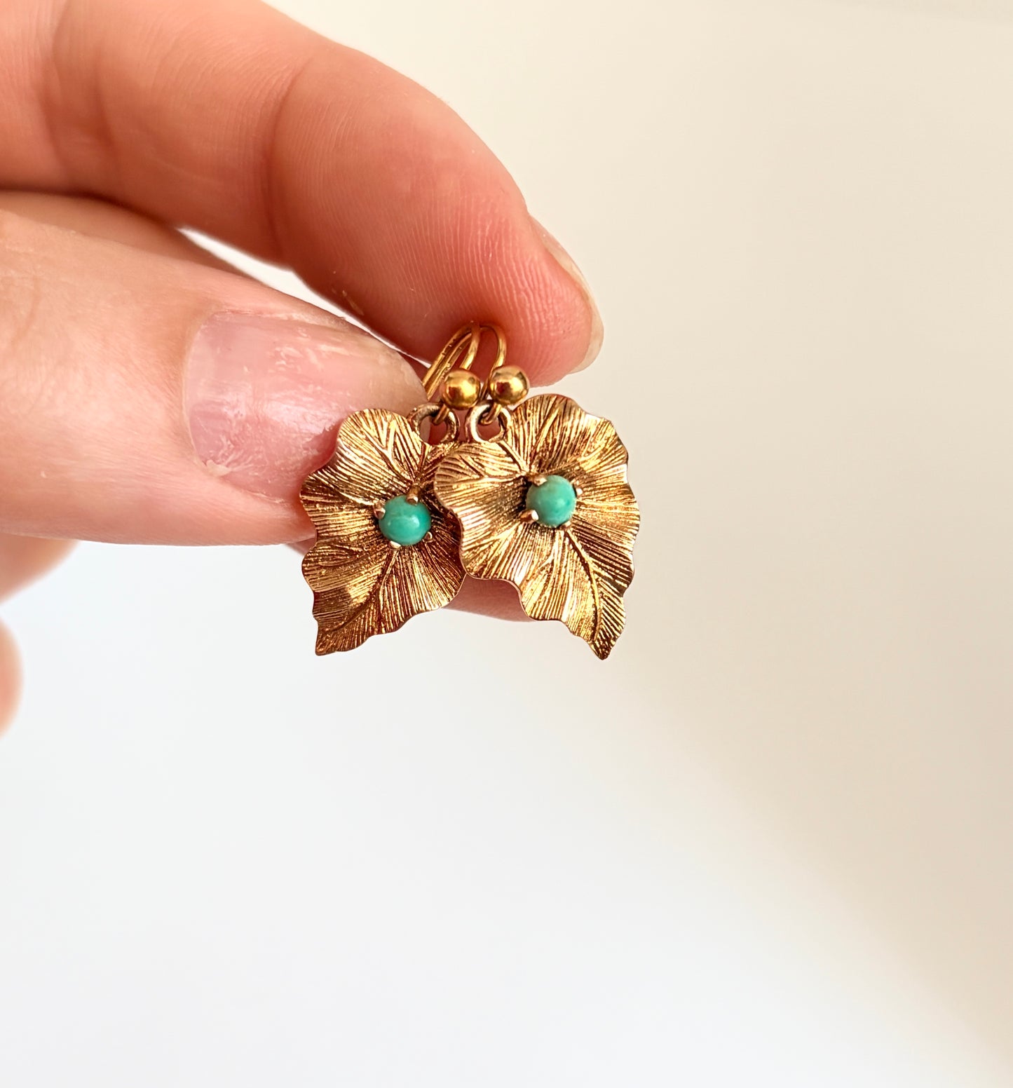 9ct Gold, Antique Victorian Turquoise Leaf Hanging Earrings