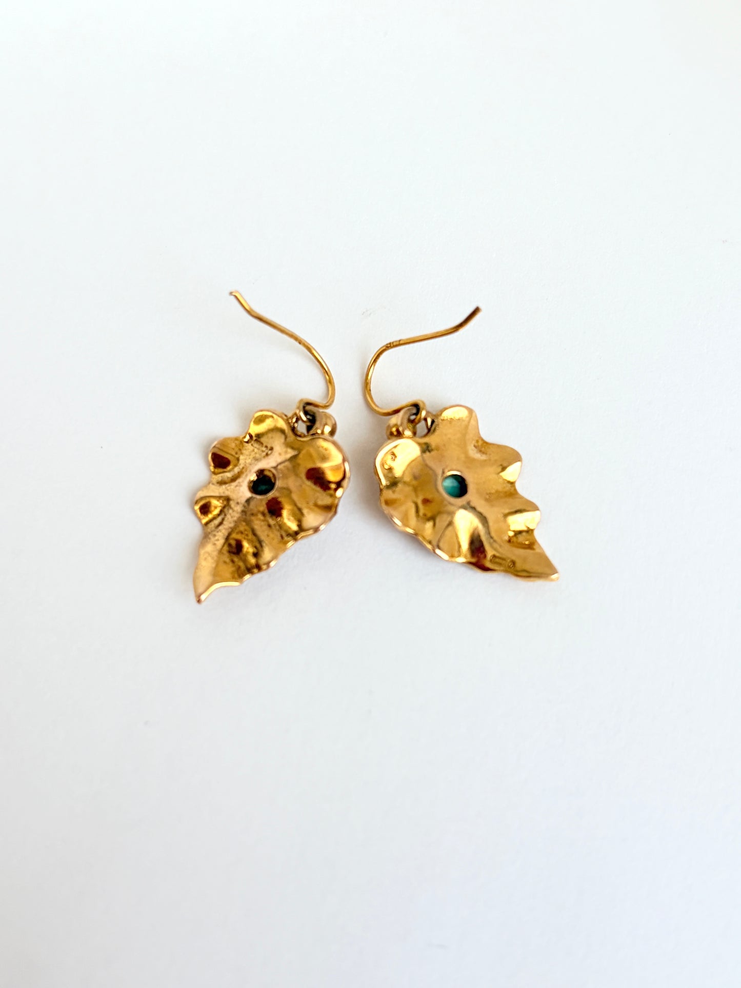 9ct Gold, Antique Victorian Turquoise Leaf Hanging Earrings