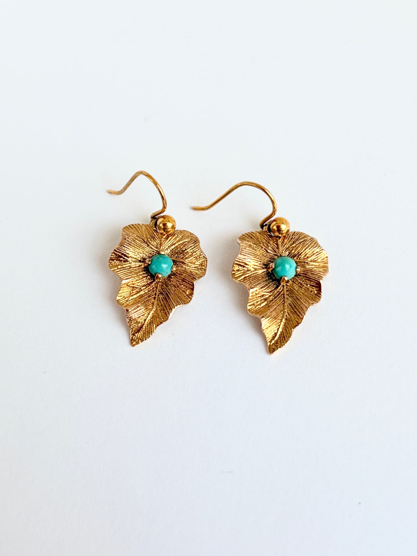 9ct Gold, Antique Victorian Turquoise Leaf Hanging Earrings