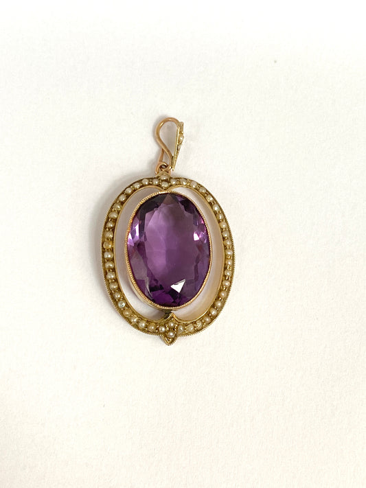 Large, Victorian 9ct Gold, Amethyst and Seed Pearl Cluster Pendant