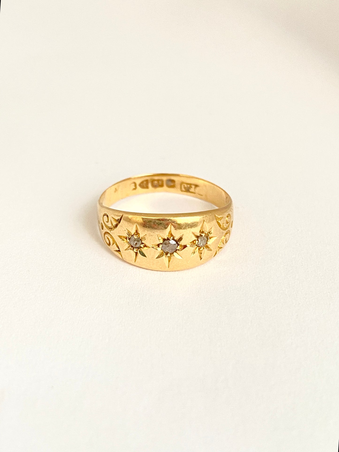 Antique, 18ct Gold, Old Cut Diamond, 3 Star, Gypsy Starburst Ring, Hallmarked Birmingham, 1911