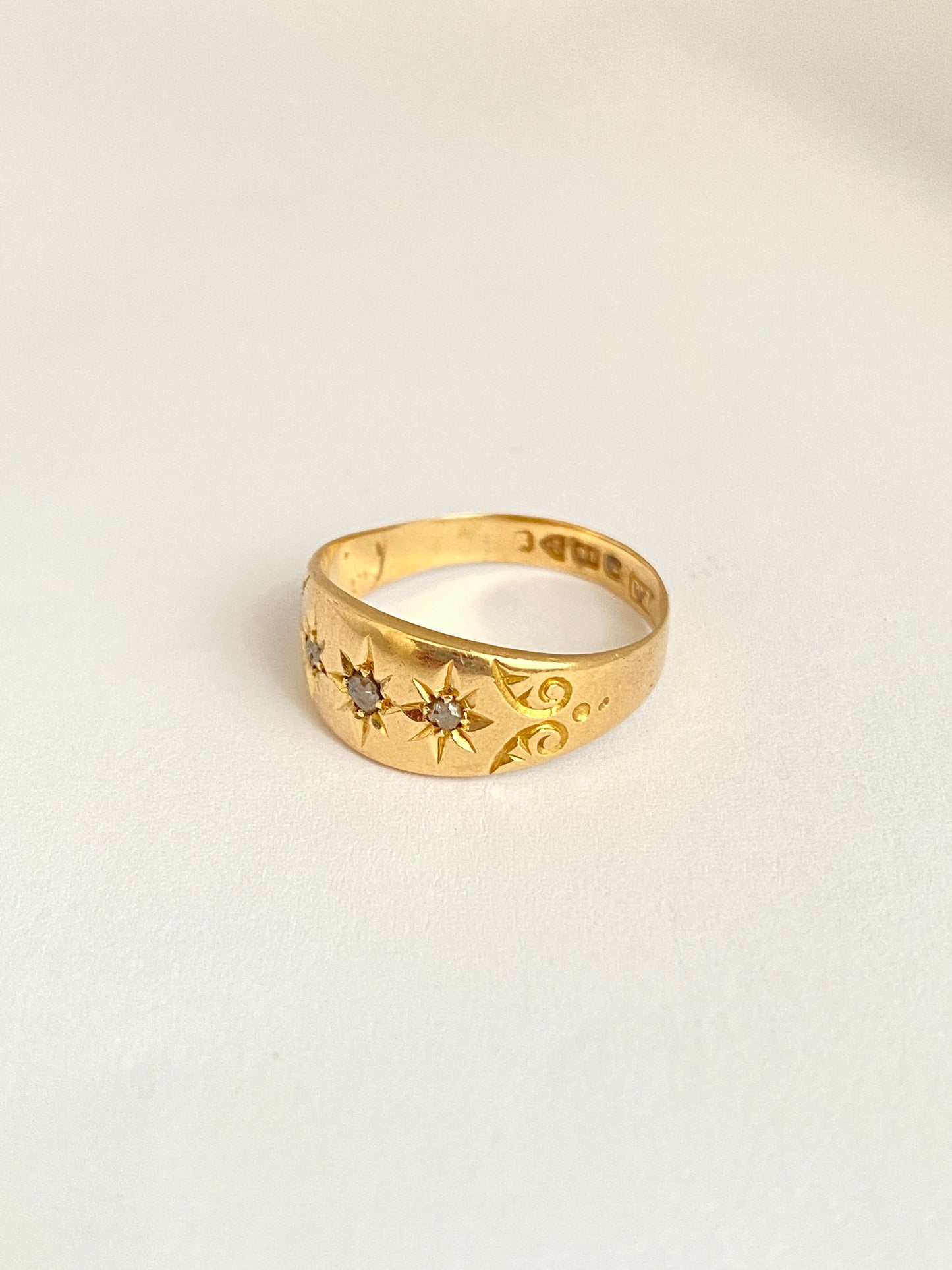 Antique, 18ct Gold, Old Cut Diamond, 3 Star, Gypsy Starburst Ring, Hallmarked Birmingham, 1911