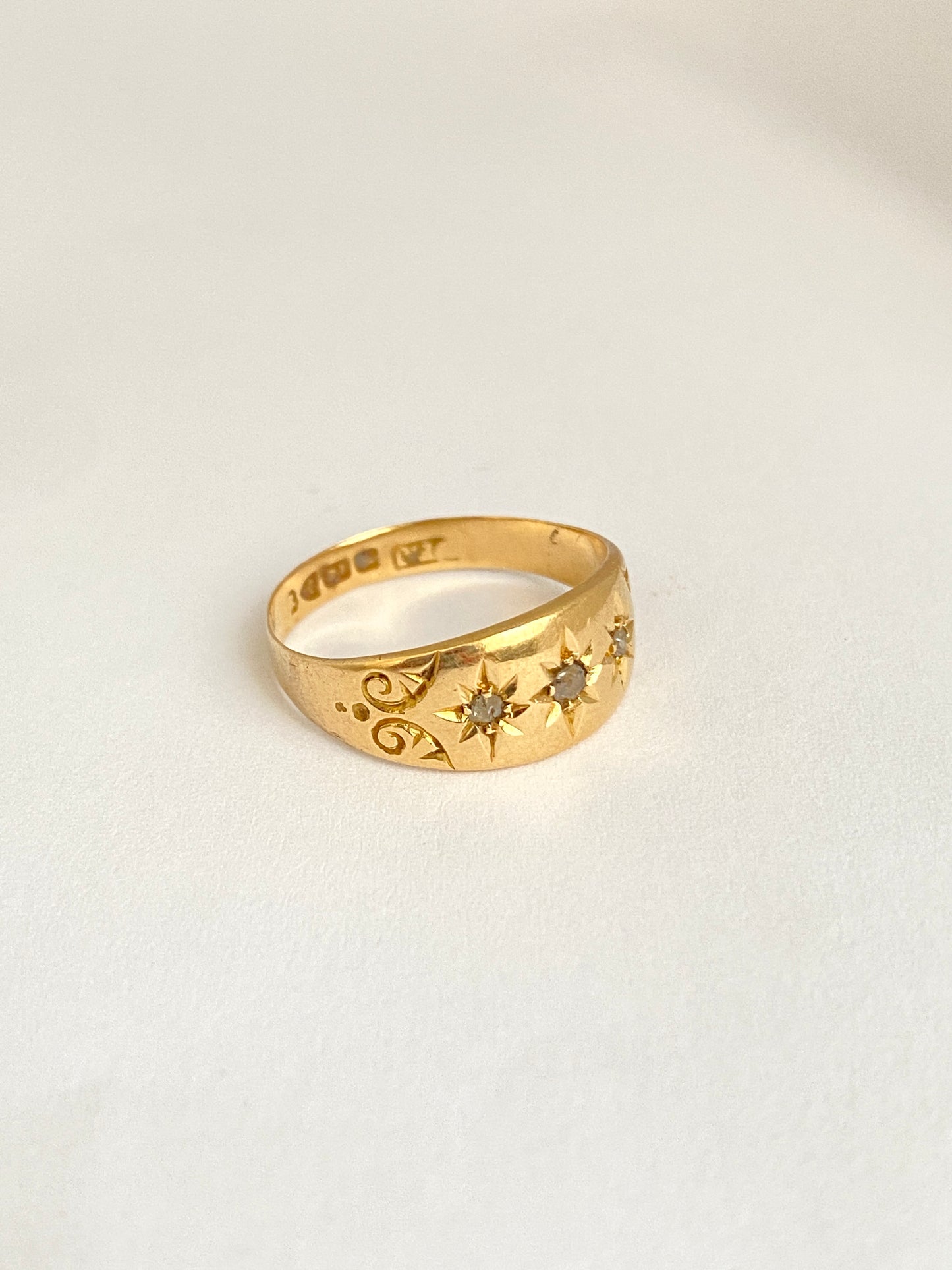 Antique, 18ct Gold, Old Cut Diamond, 3 Star, Gypsy Starburst Ring, Hallmarked Birmingham, 1911