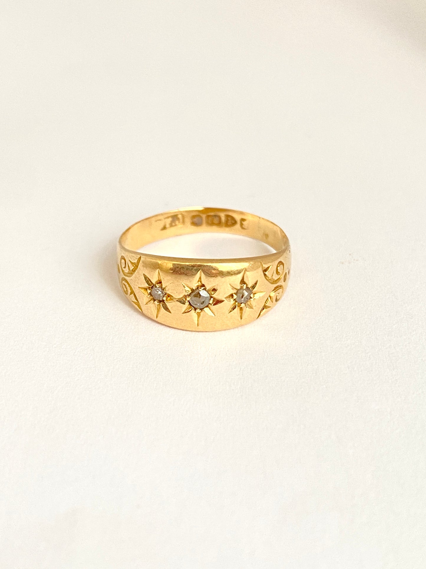 Antique, 18ct Gold, Old Cut Diamond, 3 Star, Gypsy Starburst Ring, Hallmarked Birmingham, 1911