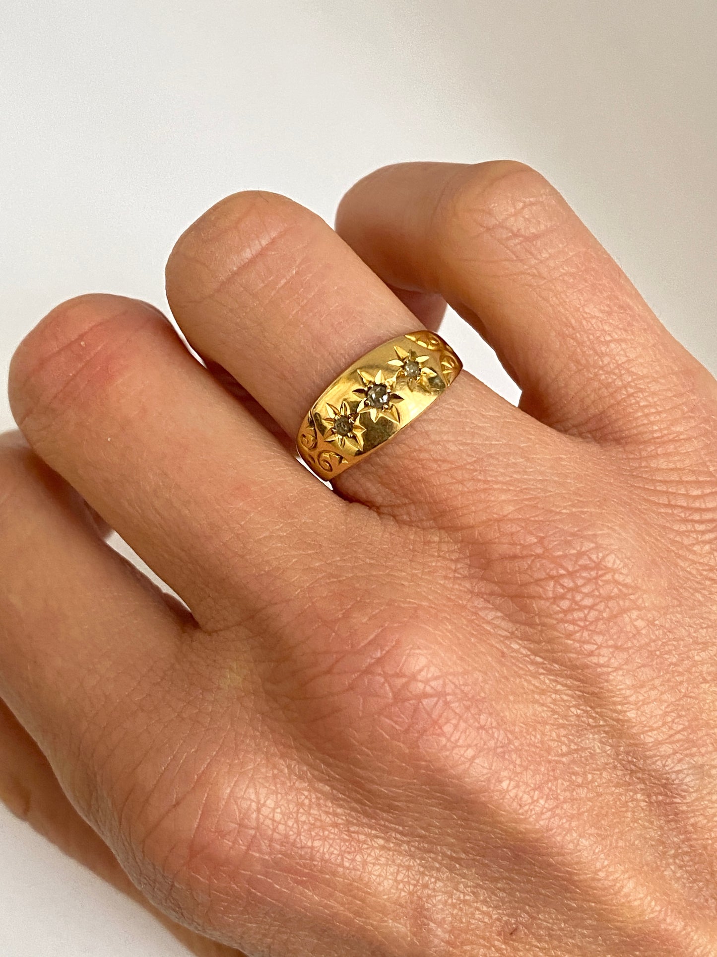 Antique, 18ct Gold, Old Cut Diamond, 3 Star, Gypsy Starburst Ring, Hallmarked Birmingham, 1911