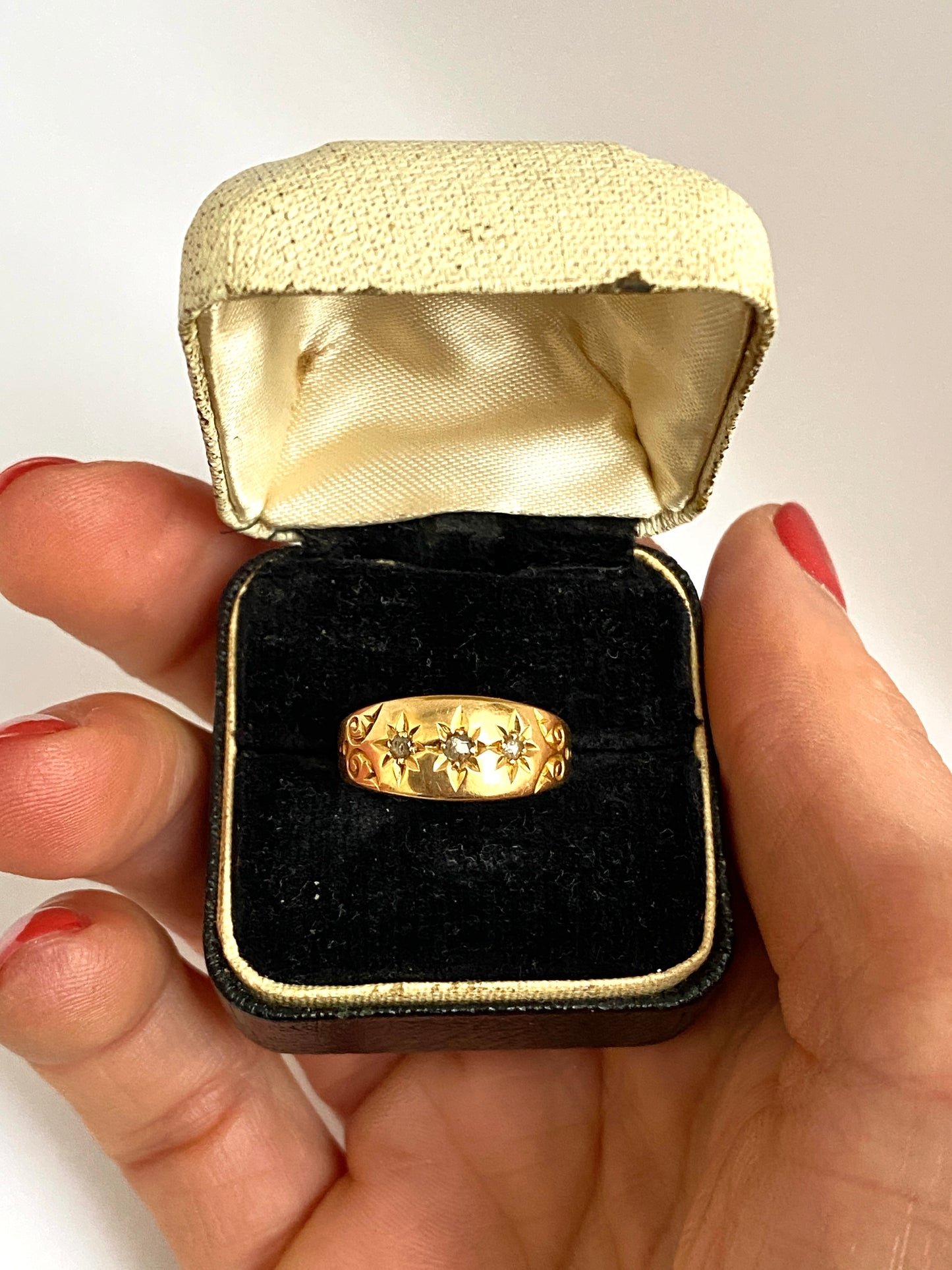 Antique, 18ct Gold, Old Cut Diamond, 3 Star, Gypsy Starburst Ring, Hallmarked Birmingham, 1911