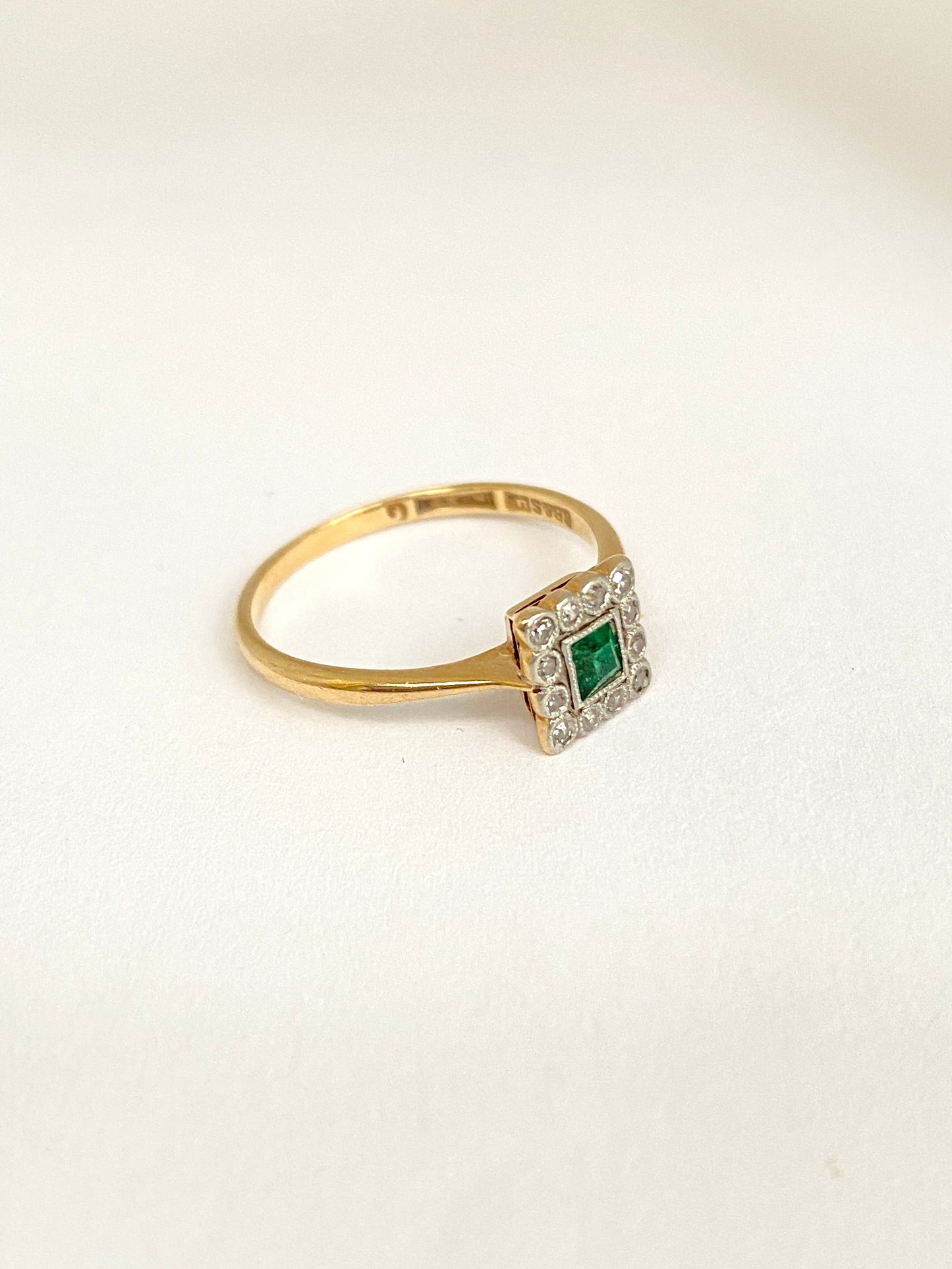 Antique, Art Deco (1930s), 18ct Gold, Platinum, Emerald and Diamond Square Ring.
