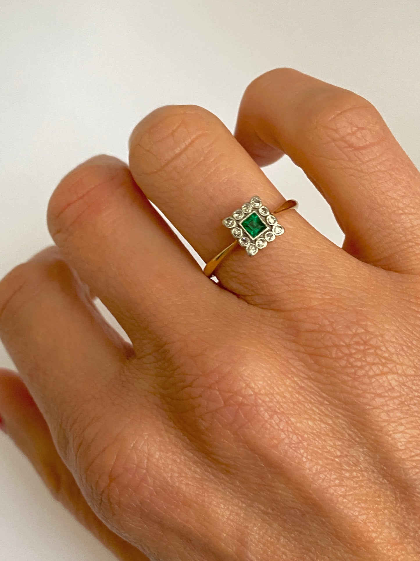 Antique, Art Deco (1930s), 18ct Gold, Platinum, Emerald and Diamond Square Ring.