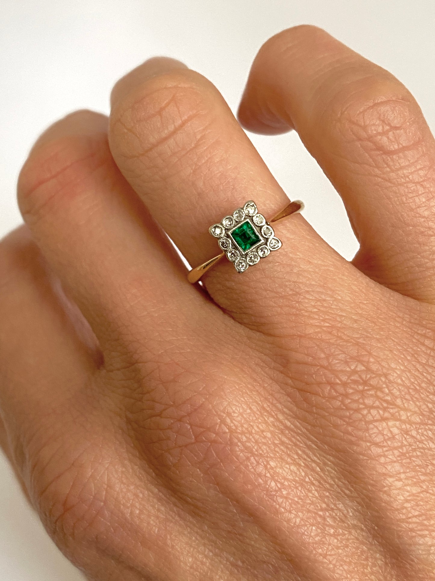 Antique, Art Deco (1930s), 18ct Gold, Platinum, Emerald and Diamond Square Ring.