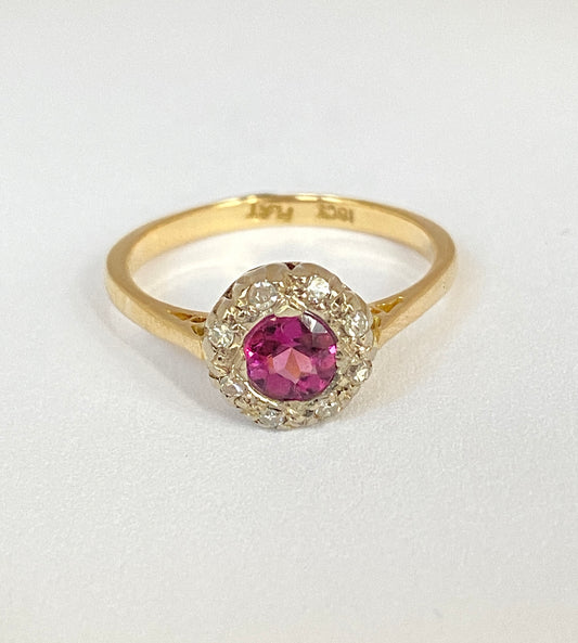 Vintage, Almandine Garnet and Diamond Cluster Ring, Hallmarked 18ct Gold and Platinum
