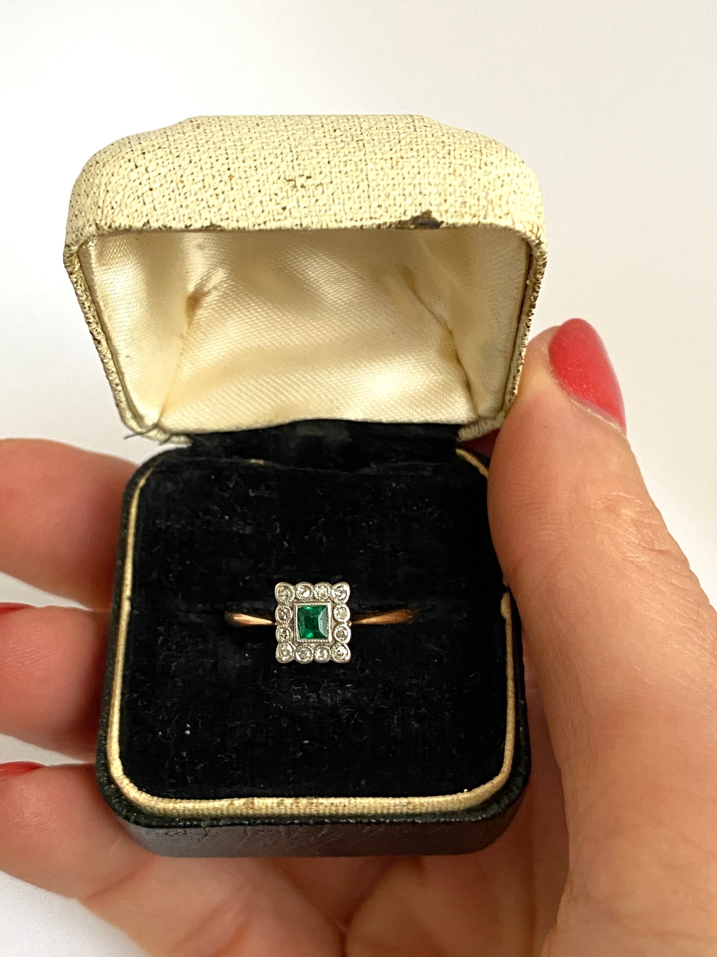 Antique, Art Deco (1930s), 18ct Gold, Platinum, Emerald and Diamond Square Ring.