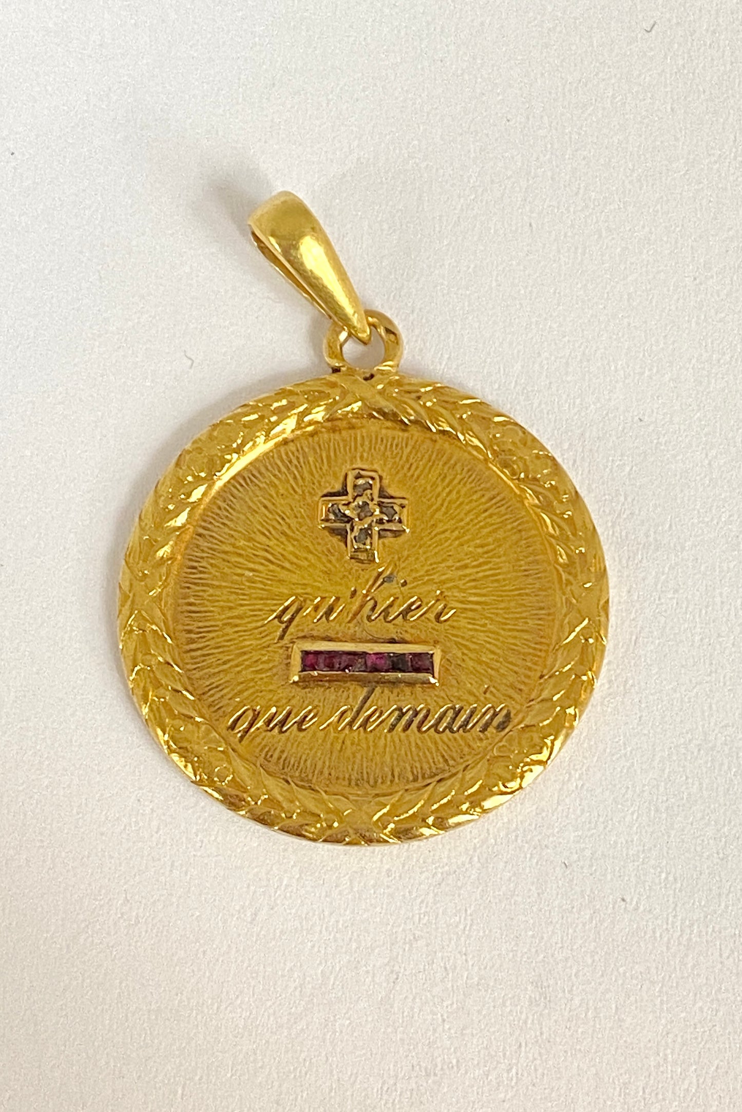 Romantic, Rare, Antique, 18ct Gold, Diamond and Ruby French Augis Love Pendant, 'Qu'hier - Que demain'