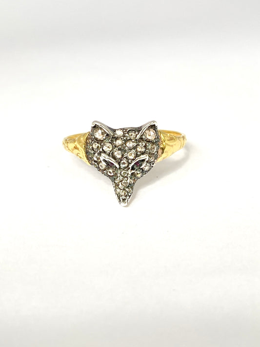 Vintage, 15ct Gold and Silver, Rose Cut Diamond and Ruby eyed Fox Head Ring