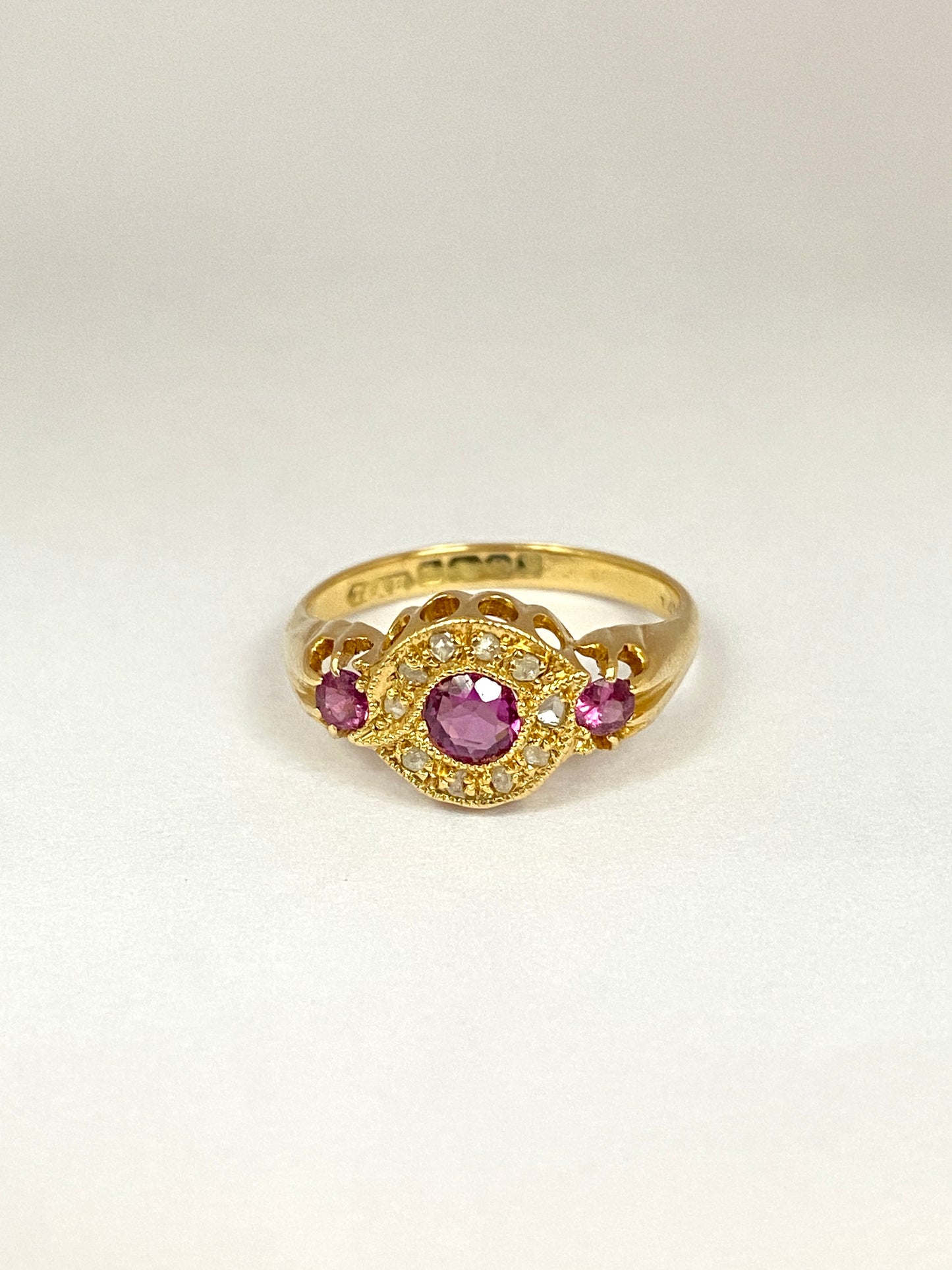 Art Deco, 18ct Gold Amethyst and Rose Cut Diamond Flower Ring