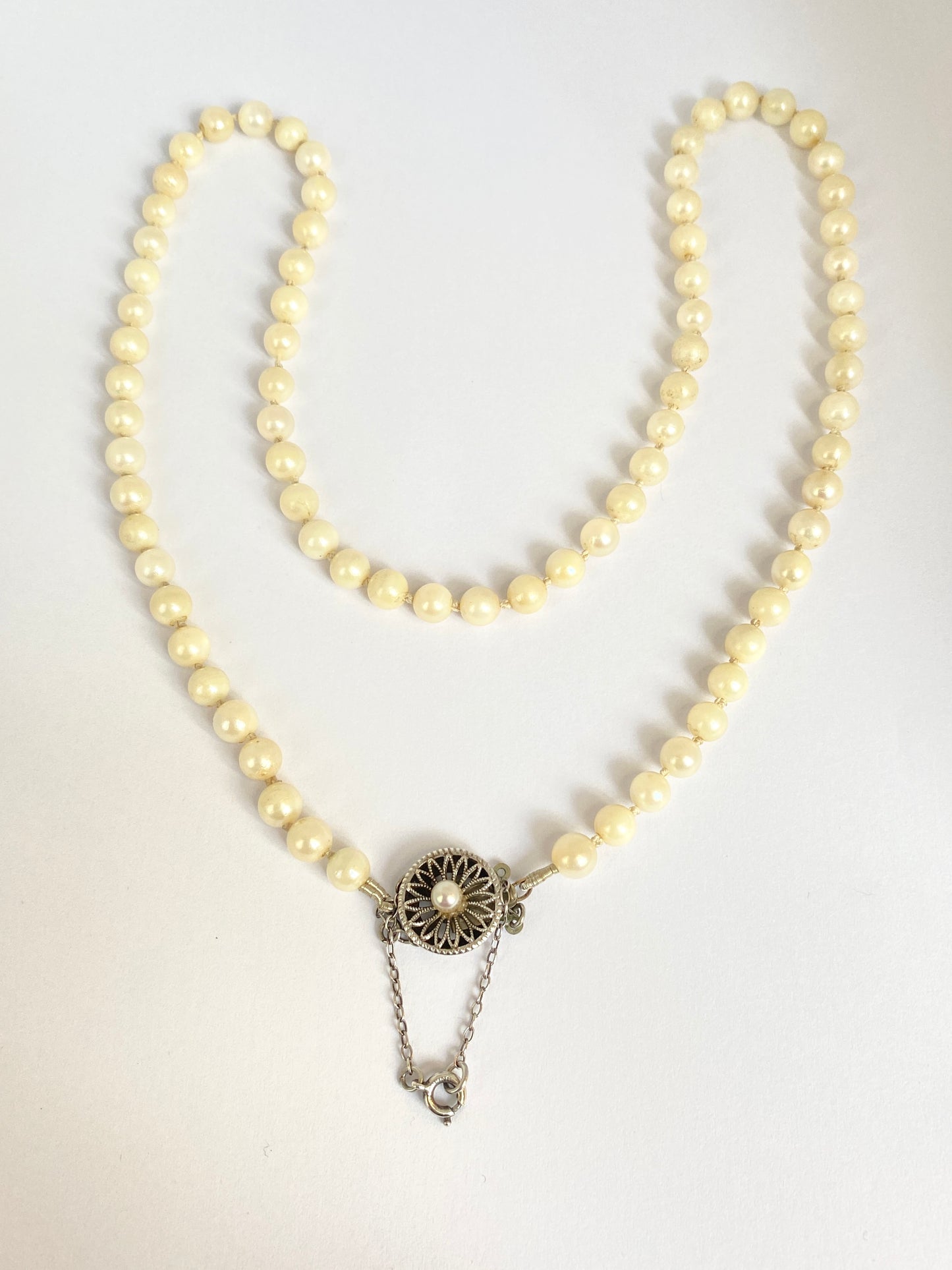 Sterling Silver, Vintage River Pearl Necklace with Fancy Clasp.