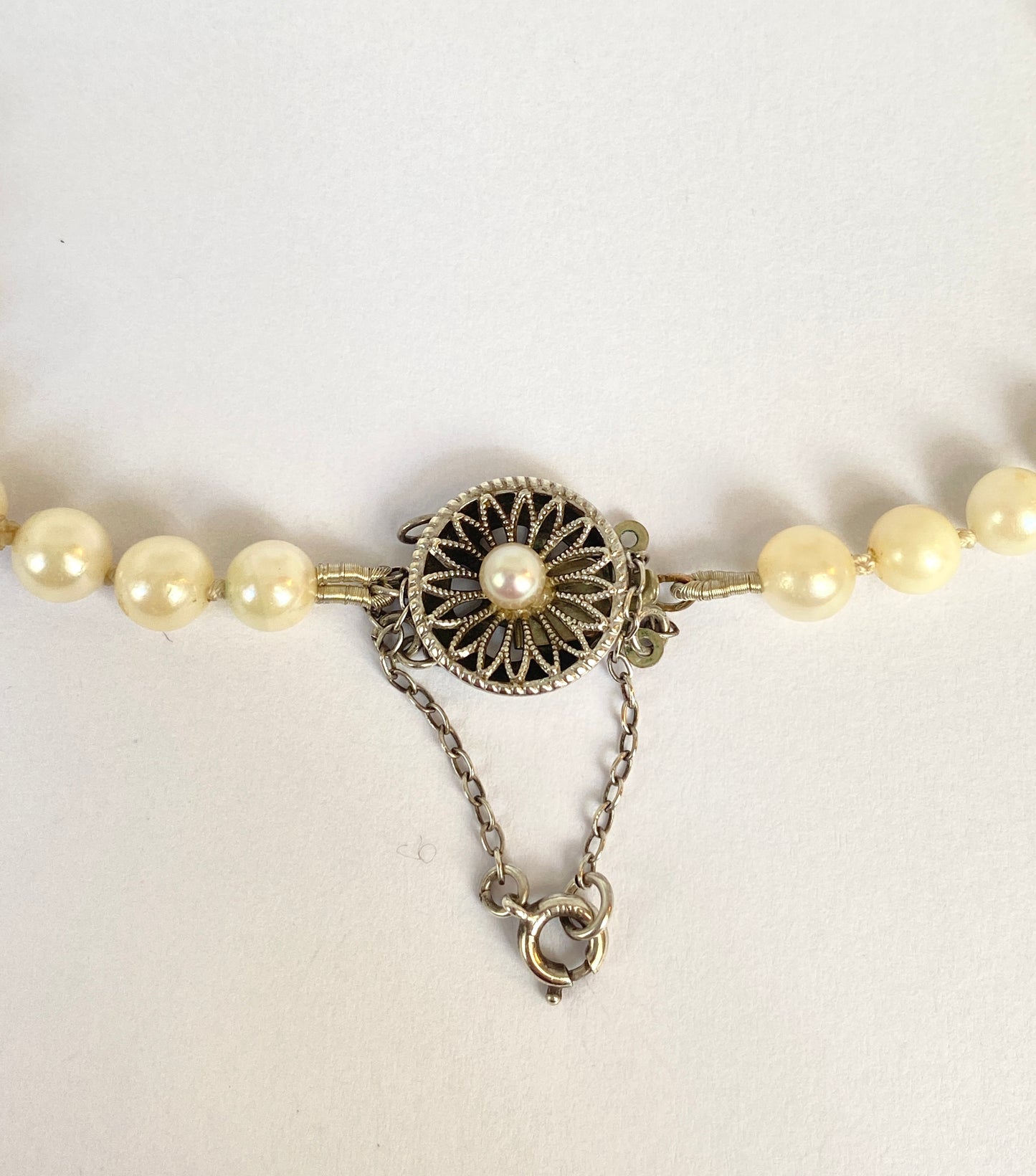 Sterling Silver, Vintage River Pearl Necklace with Fancy Clasp.