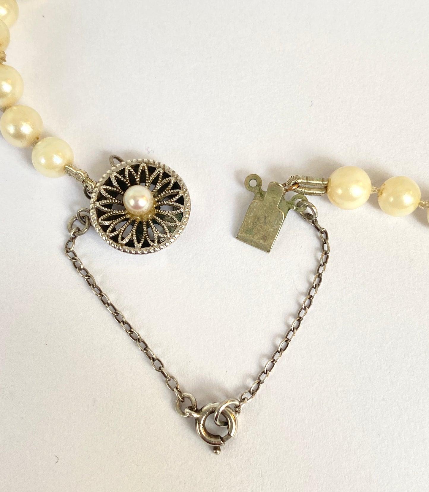 Sterling Silver, Vintage River Pearl Necklace with Fancy Clasp.