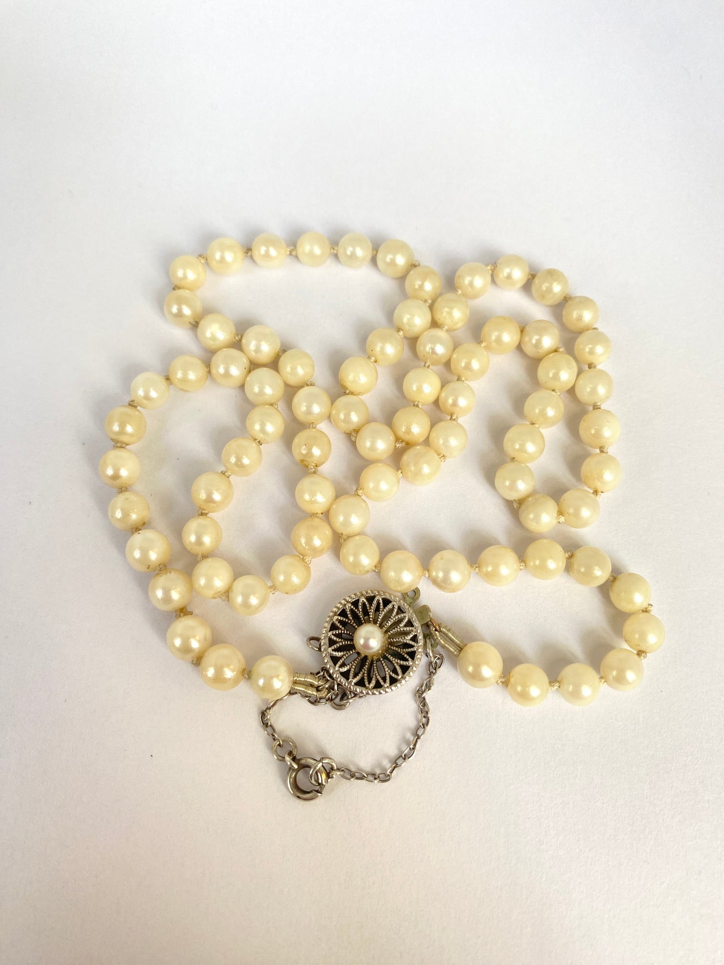 Sterling Silver, Vintage River Pearl Necklace with Fancy Clasp.