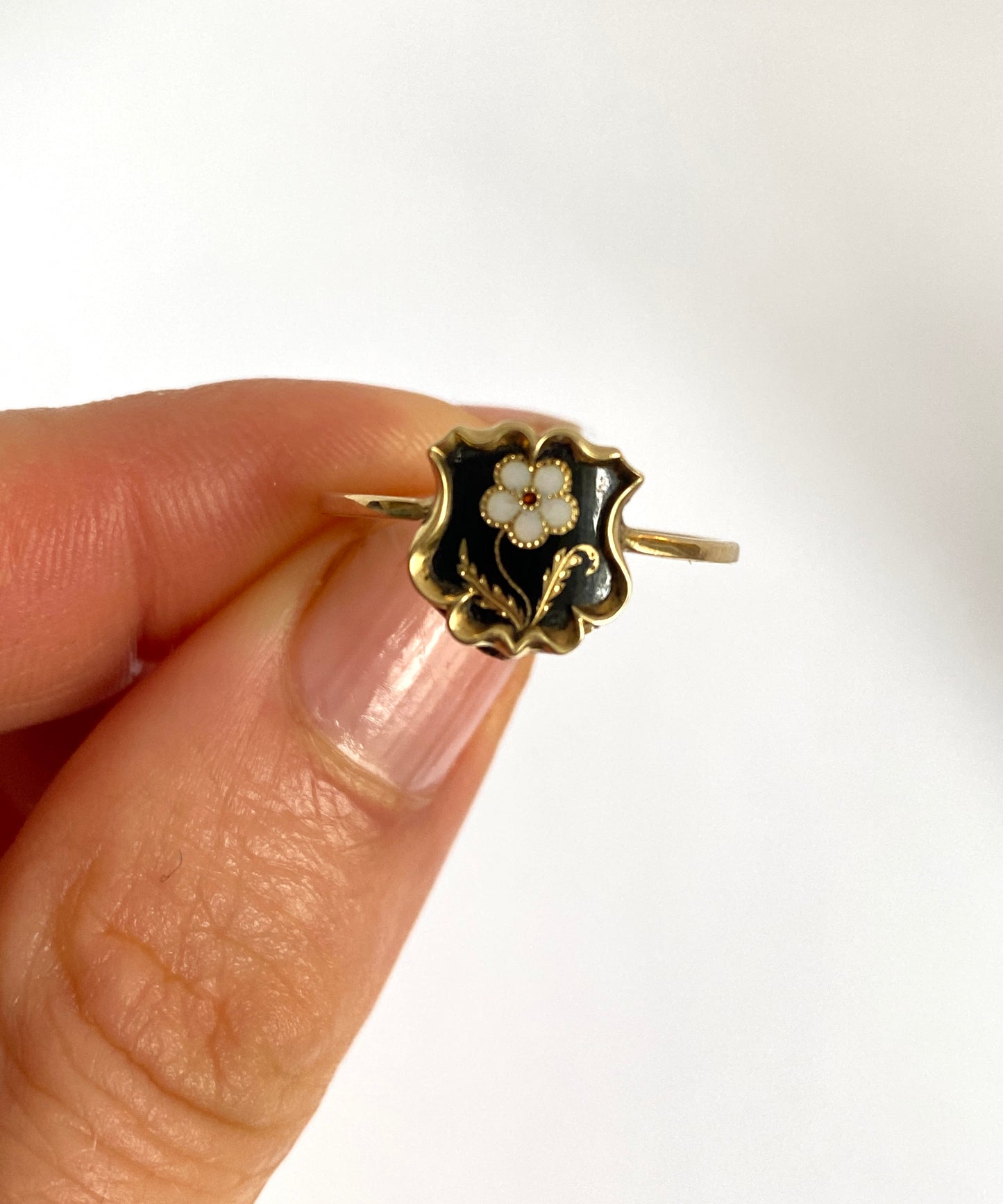 Annette: Third payment: Antique, 15ct Gold Locket Back, Enamel, Forget me not Flower Ring, 1860