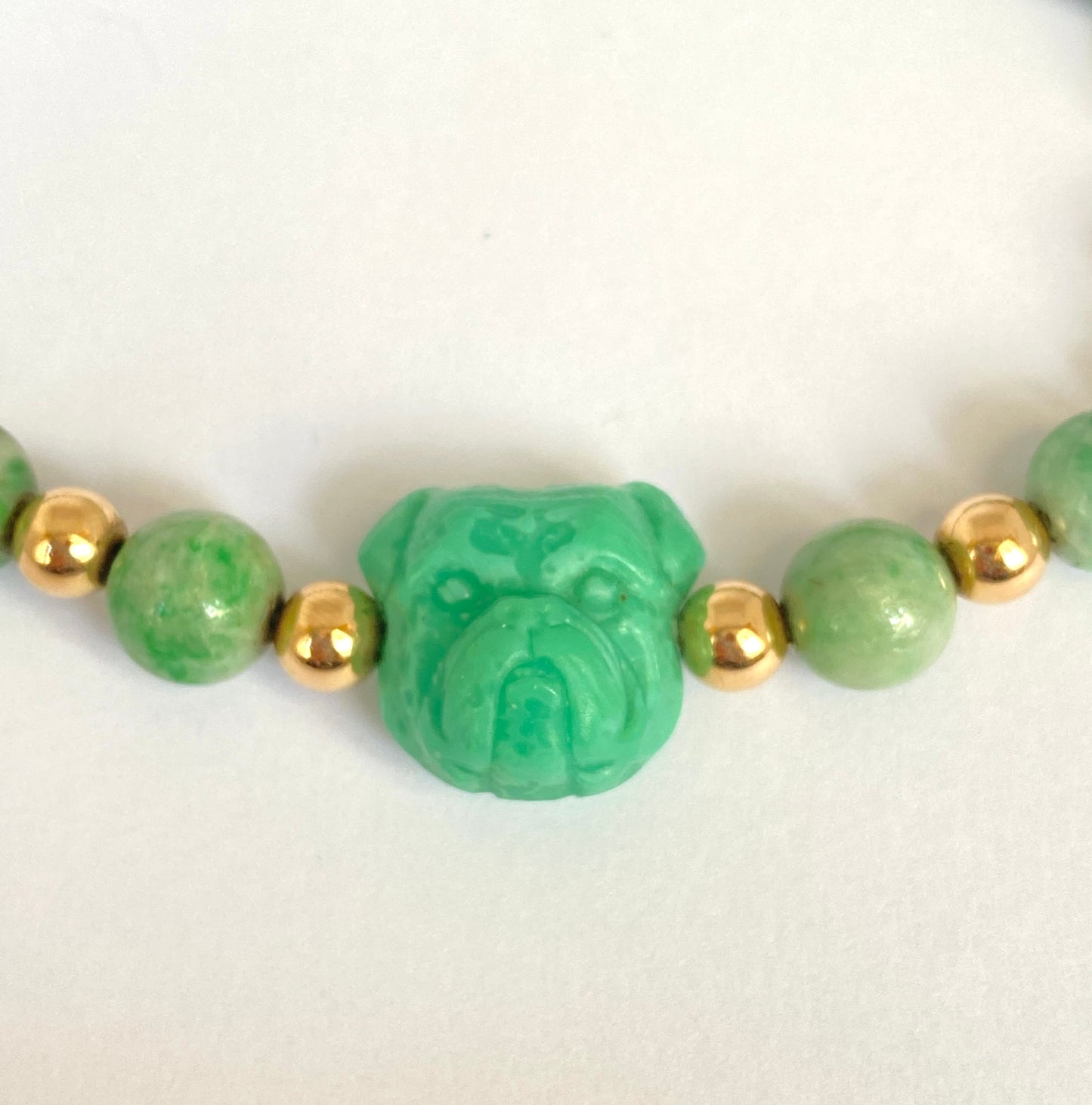 Vintage Jadeite Bead Necklace with Carved Bull Dog