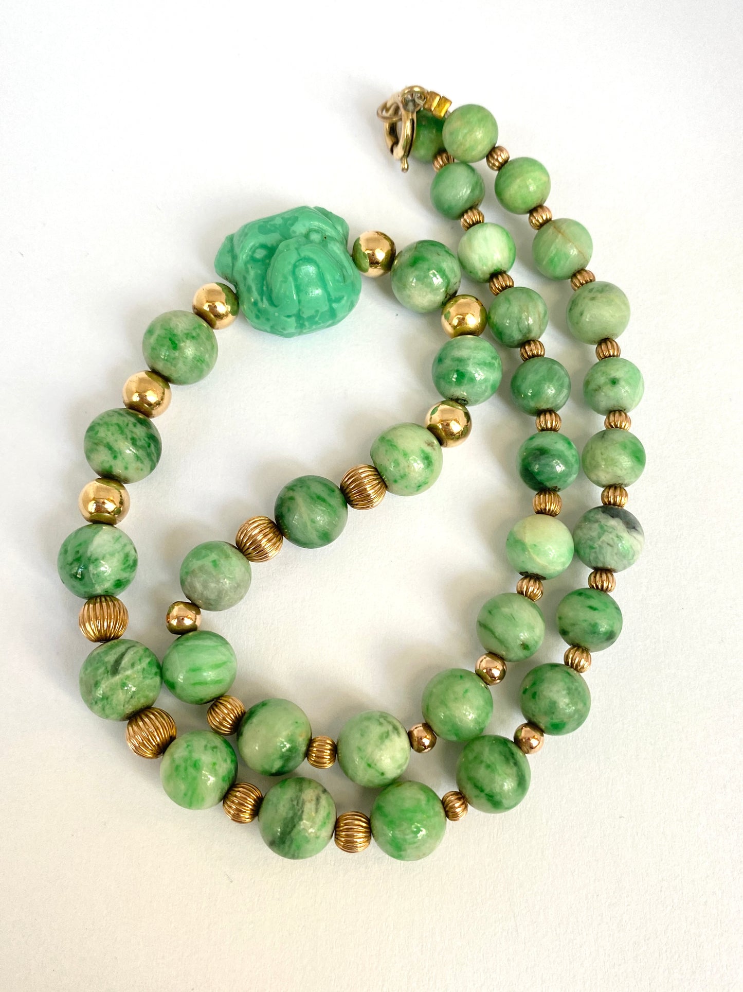 Vintage Jadeite Bead Necklace with Carved Bull Dog