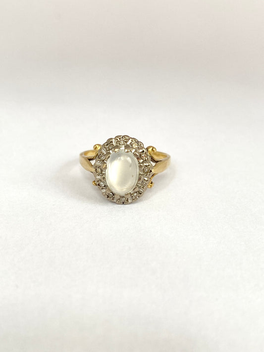 Vintage, 18ct Gold Moonstone and Diamond Cluster Ring