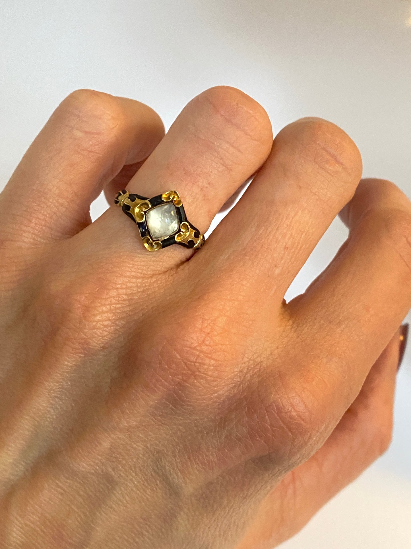 Art Deco, 18ct Gold Moonstone and Enamel Mourning Ring